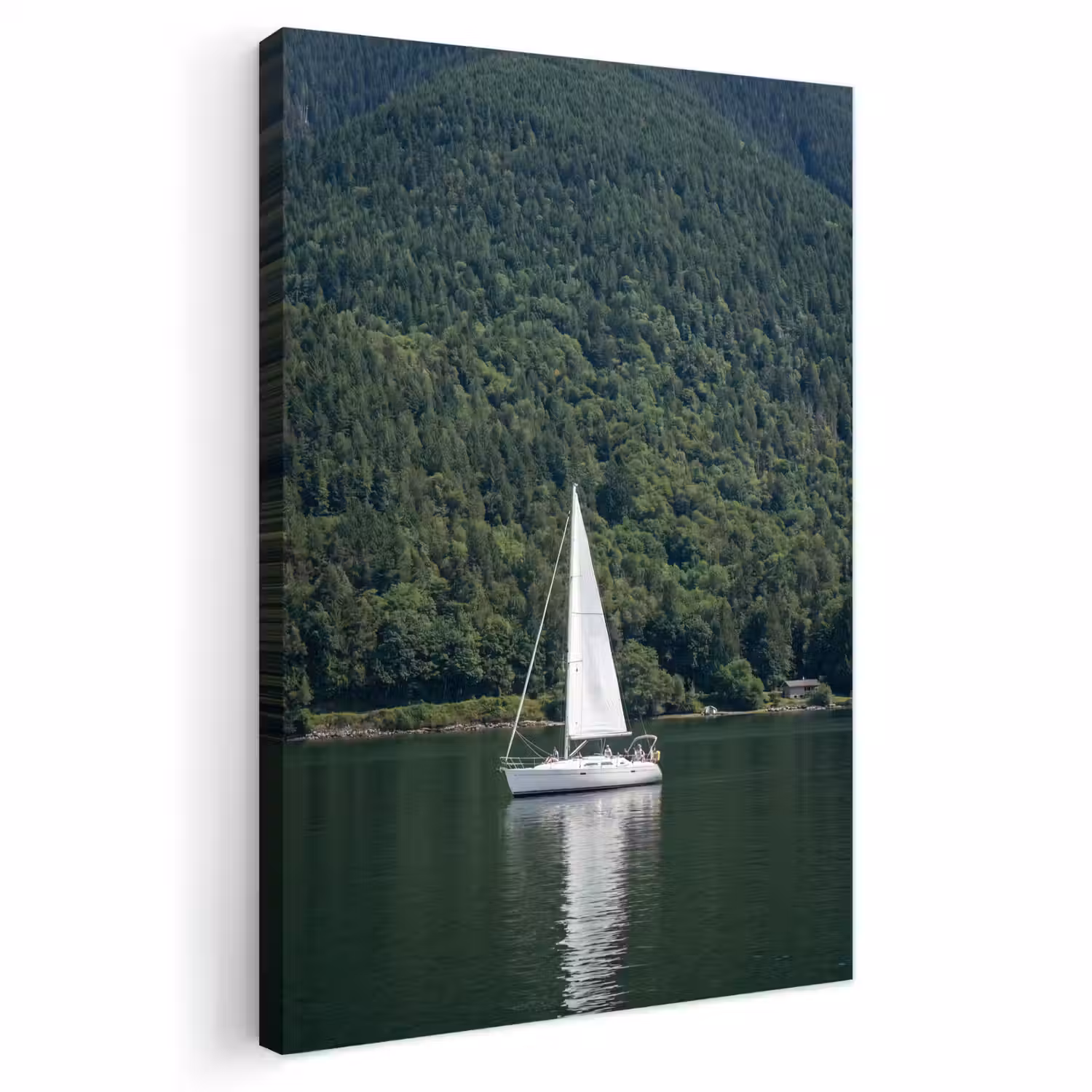 Zeilboot - Water - Bergen - Natuur - Groen Tuinposter op houten frame 2 cm dik klein -3d