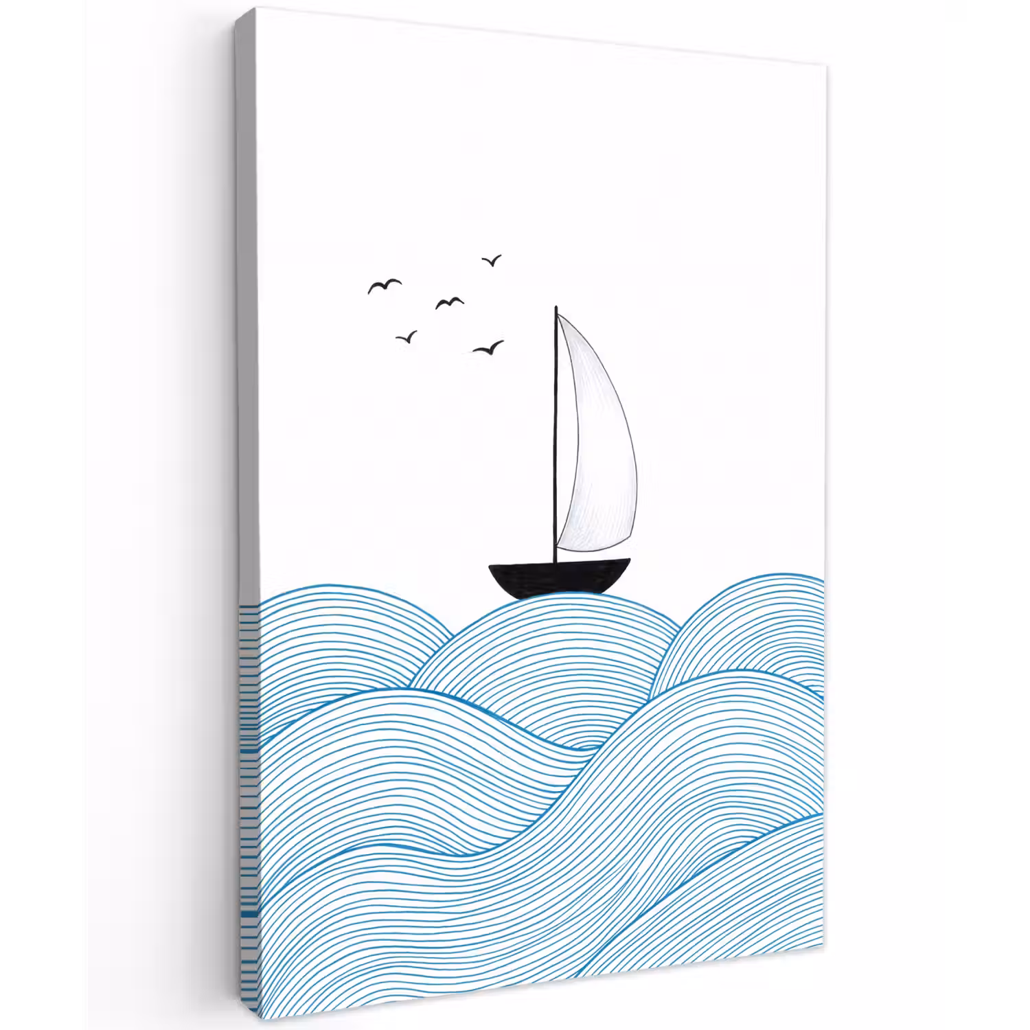 Zeilboot - Golven - Zee - Illustratie - Blauw Tuinposter op houten frame 2 cm dik klein -3d