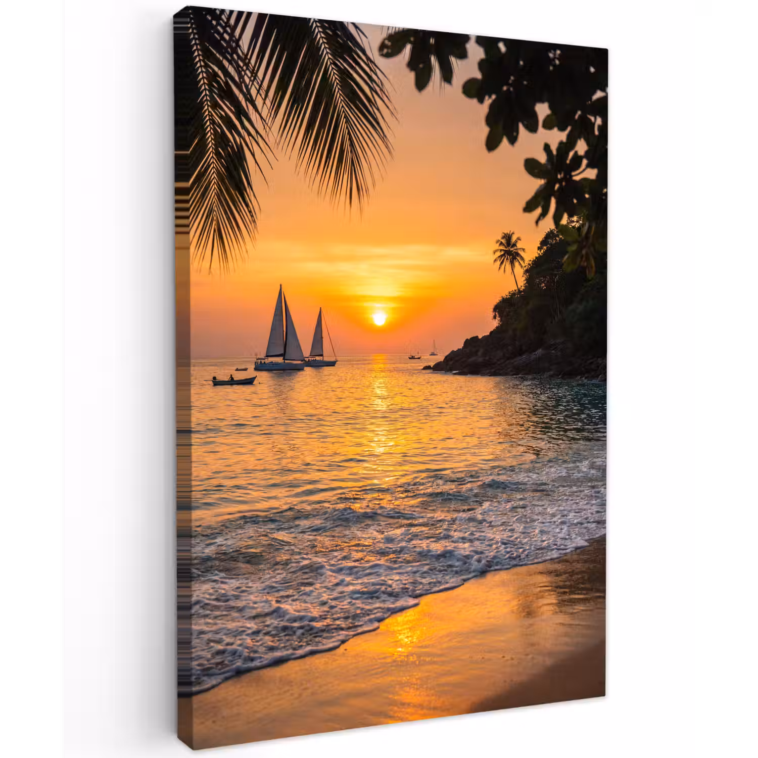Zee - Zonsondergang - Boot - Natuur - Oranje Tuinposter op houten frame 2 cm dik klein -3d