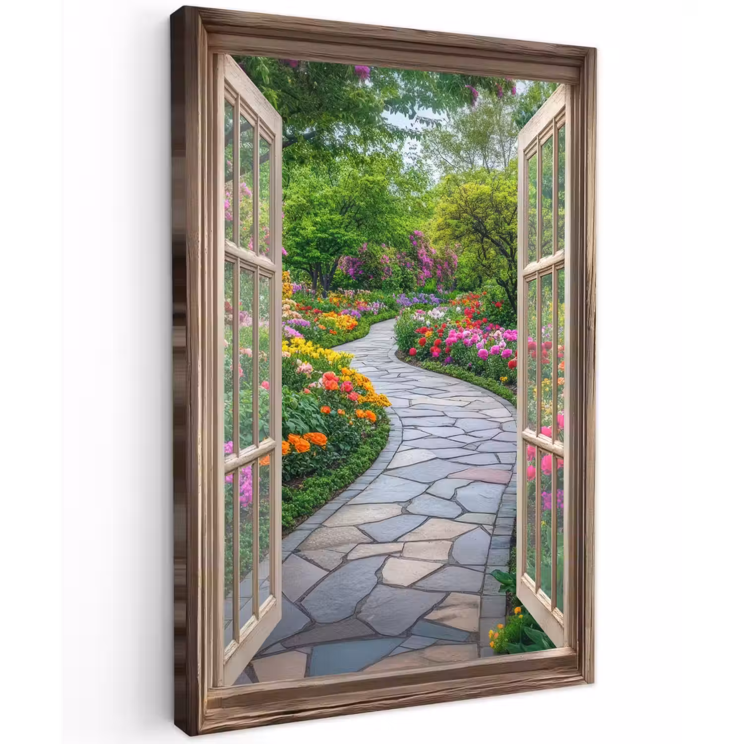 Doorkijk - Bloemen - Tuinpad - Natuur - Raam Tuinposter op houten frame 2 cm dik klein -3d