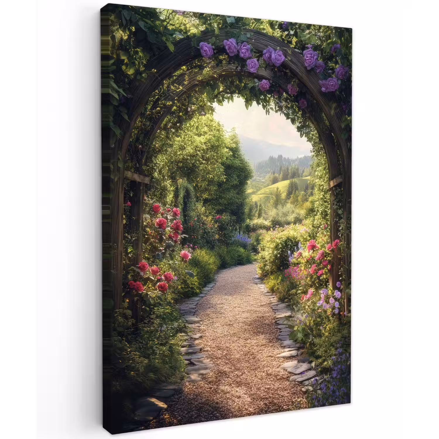 Doorkijk - Landschap - Bloemen - Tuinboog - Natuur Tuinposter op houten frame 2 cm dik klein -3d