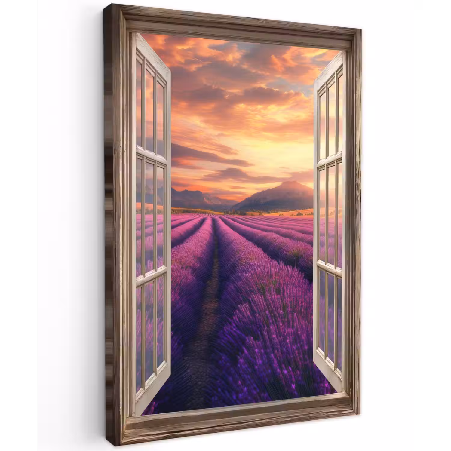 Doorkijk - Lavendel - Landschap - Bloemen - Paars Tuinposter op houten frame 2 cm dik klein -3d