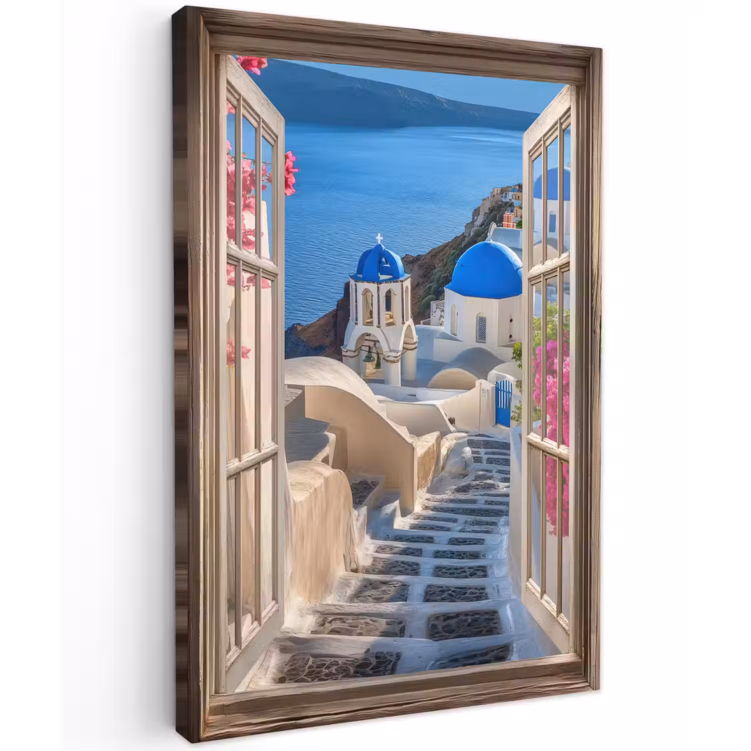 Doorkijk - Santorini - Landschap - Blauw - Grieks Tuinposter op houten frame 2 cm dik klein -3d