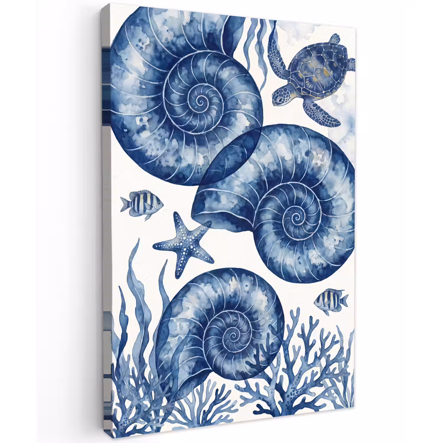 Schelp - Spiraal - Zeeleven - Aquarel - Blauw Tuinposter op houten frame 2 cm dik klein -3d