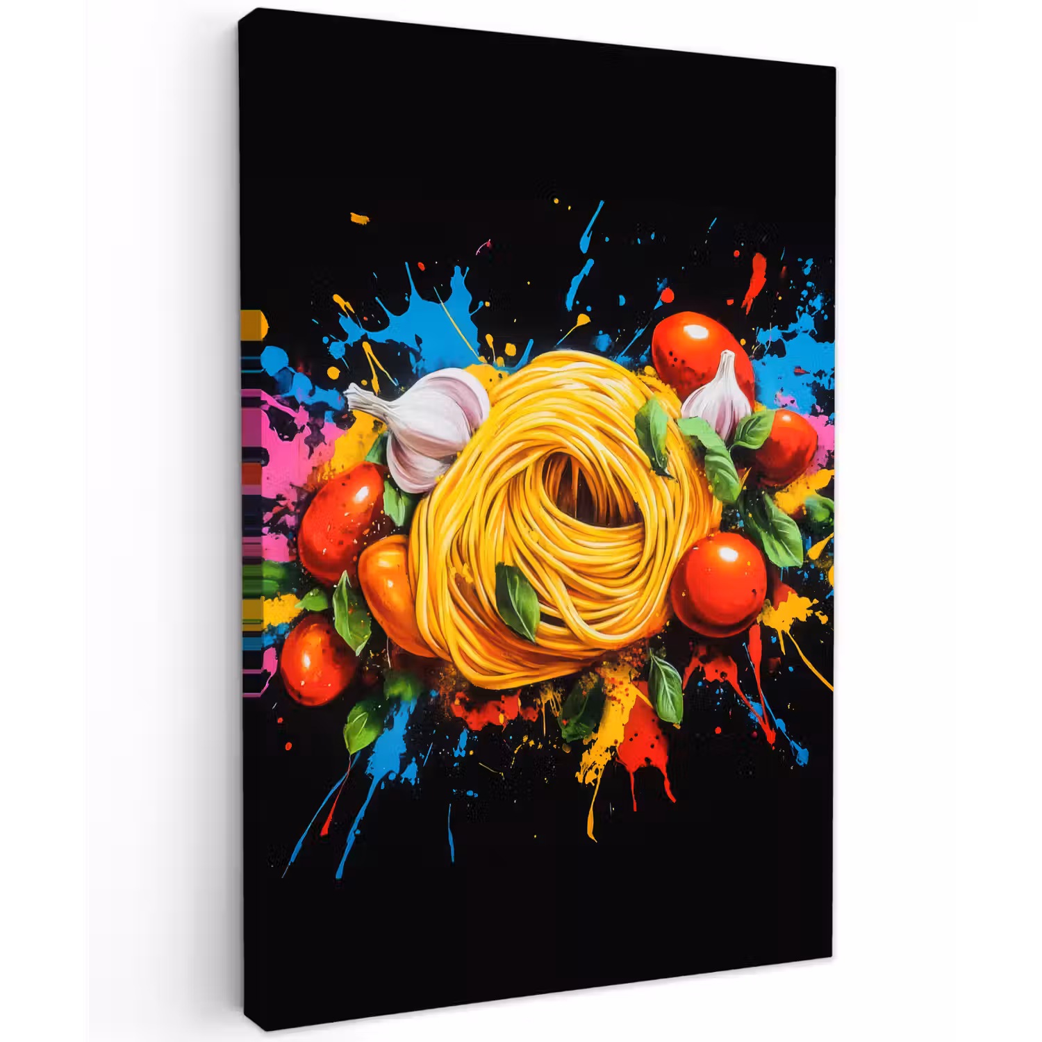 Spaghetti - Graffiti - Verf - Kleurrijk - Eten - Modern Tuinposter op houten frame 2 cm dik klein -3d