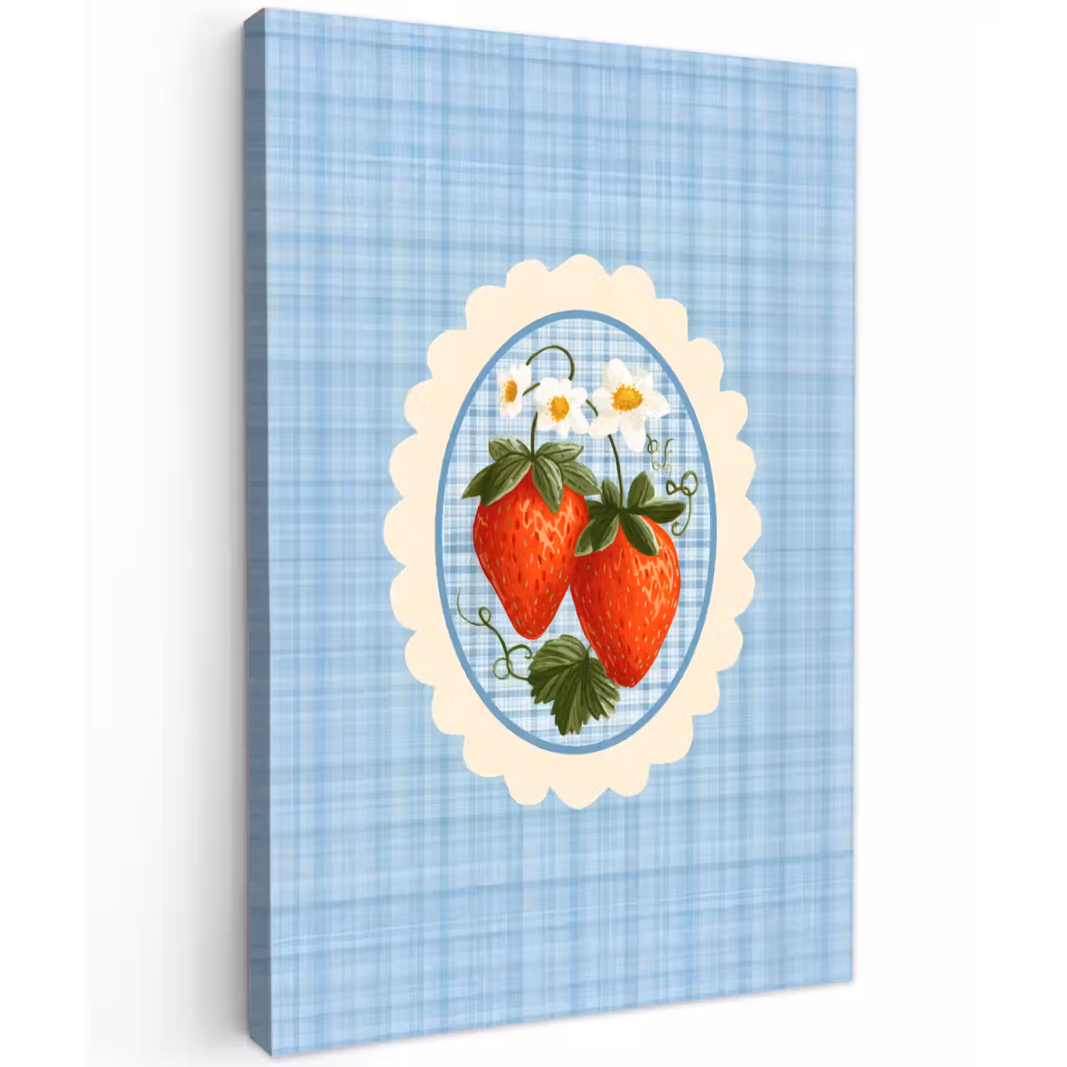 Aardbeien - Lijst - Rood - Geruit Tuinposter op houten frame 2 cm dik klein -3d