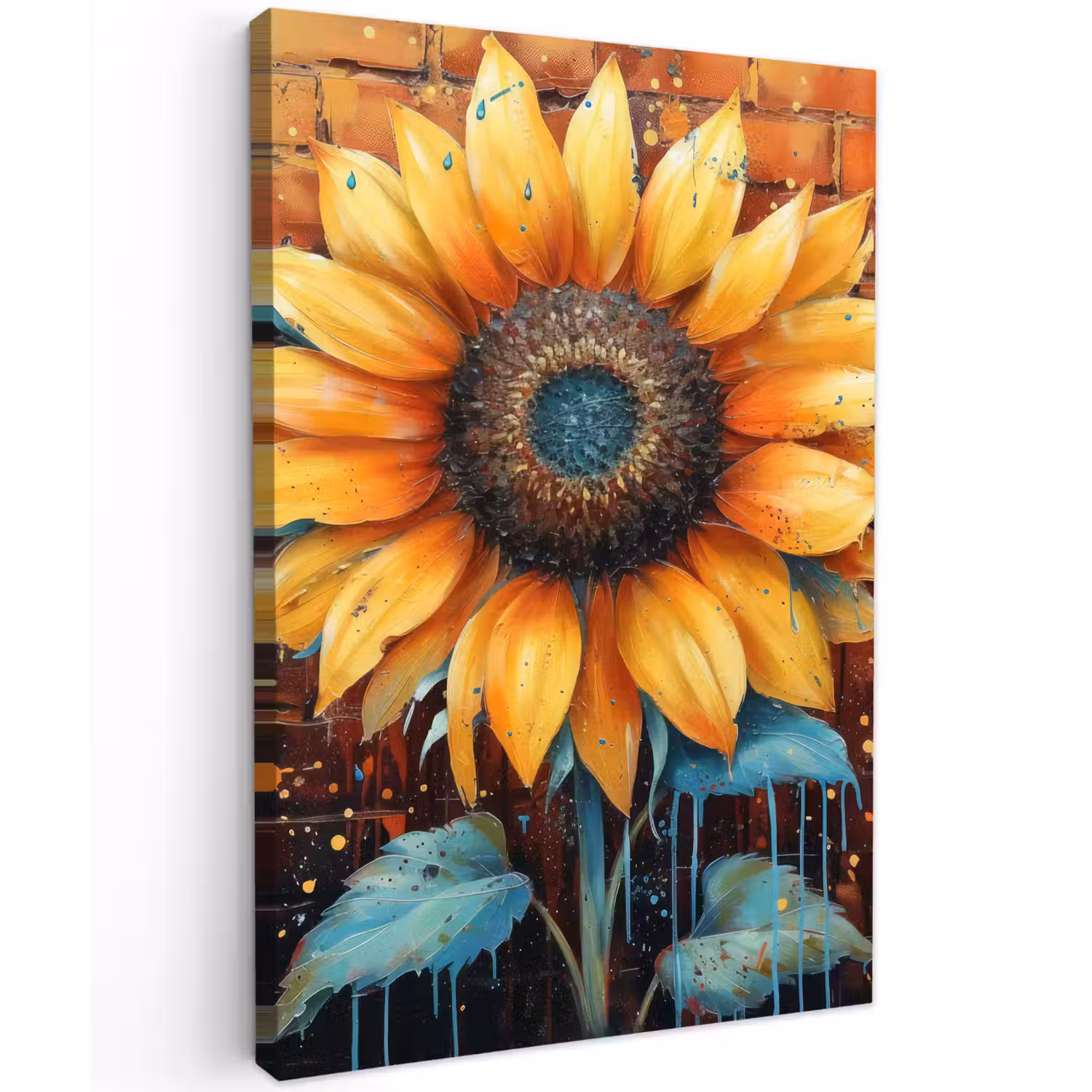 Zonnebloem op Bakstenen Muur Tuinposter op houten frame 2 cm dik klein -3d