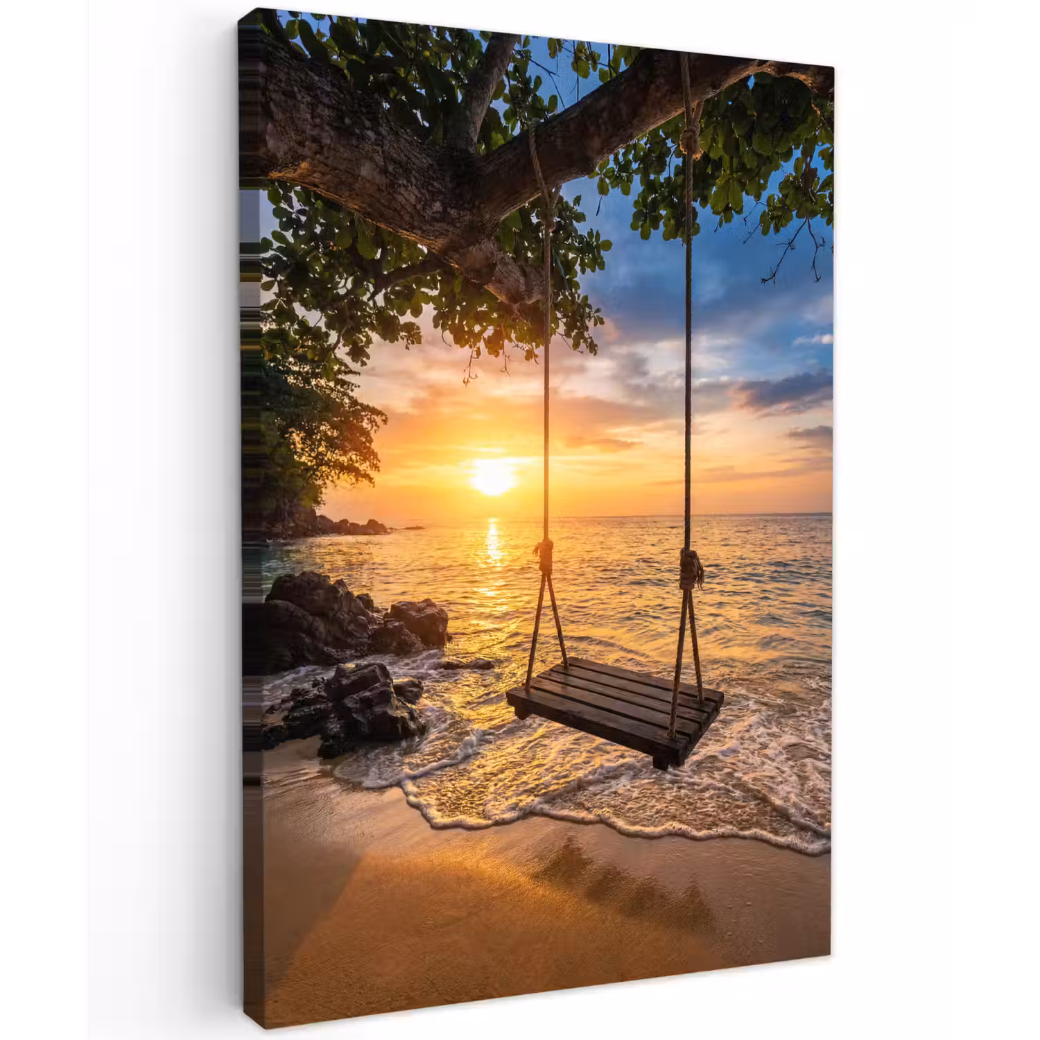 Schommel - Strand - Zonsondergang - Natuur - Oranje Tuinposter op houten frame 2 cm dik klein -3d