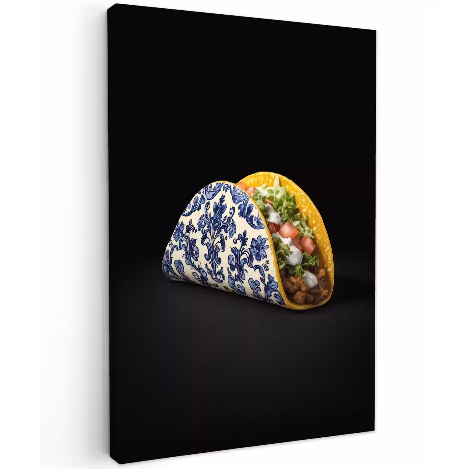 Taco - Vlees - Salade - Delftsblauw - Motief Tuinposter op houten frame 2 cm dik klein -3d