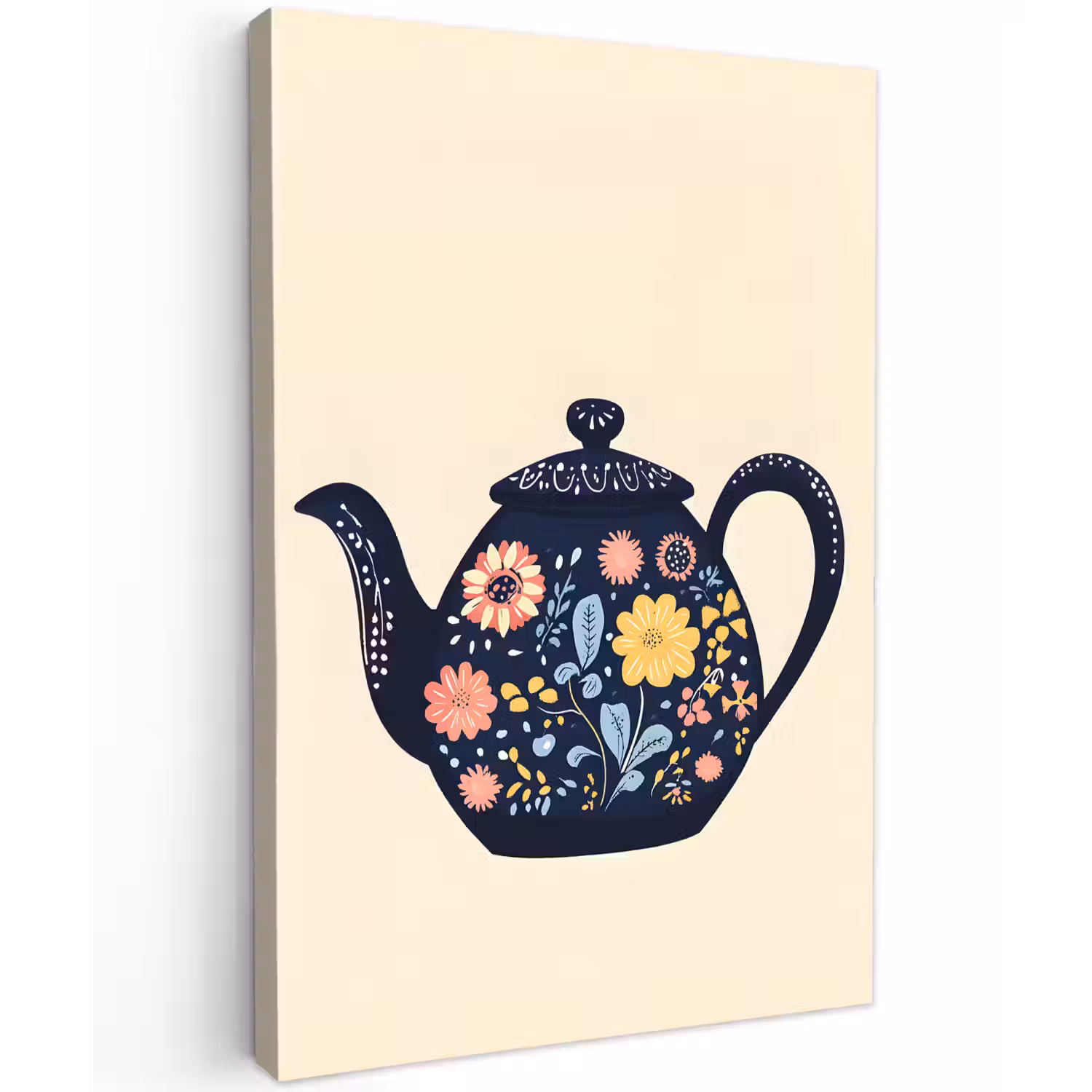 Theepot - Kleurrijk - Bloemen Tuinposter op houten frame 2 cm dik klein -3d