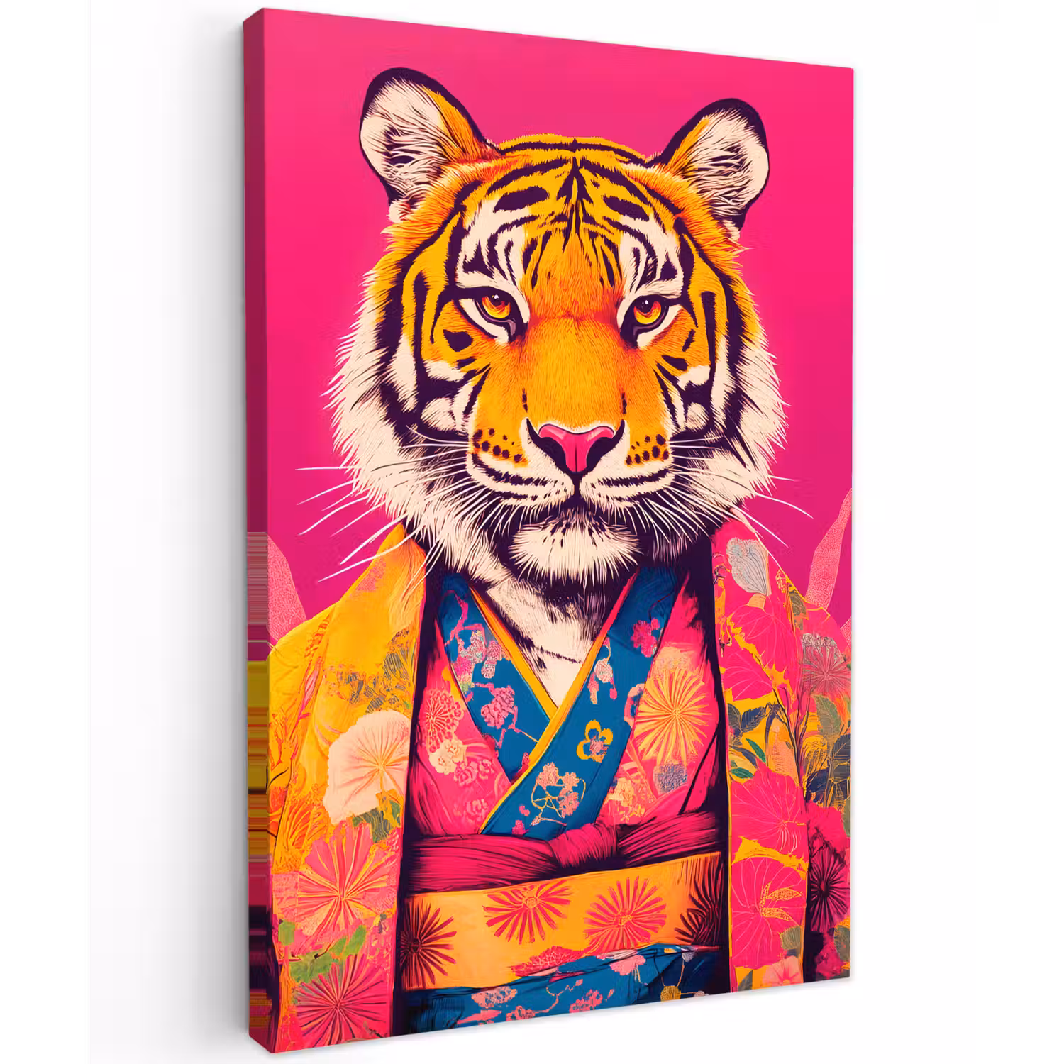 Tijger - Kimono - Planten - Roze Tuinposter op houten frame 2 cm dik klein -3d