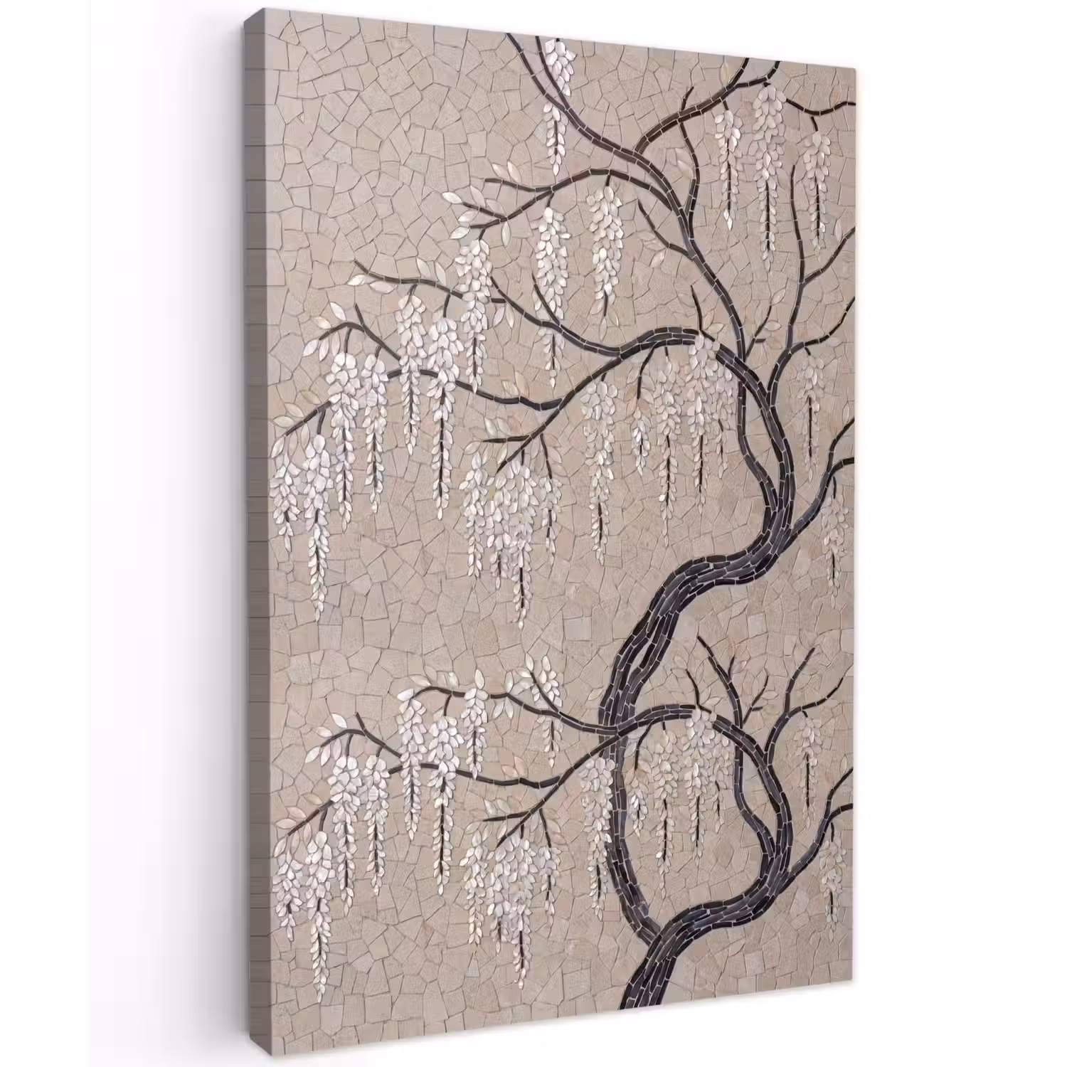 Boom - Bloemen - Mozaïek - Kunst - Wit Tuinposter op houten frame 2 cm dik klein -3d