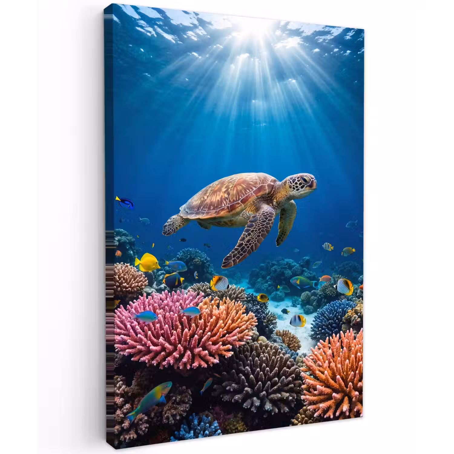 Schildpad - Koraalrif - Oceaan - Dieren - Blauw Tuinposter op houten frame 2 cm dik klein -3d