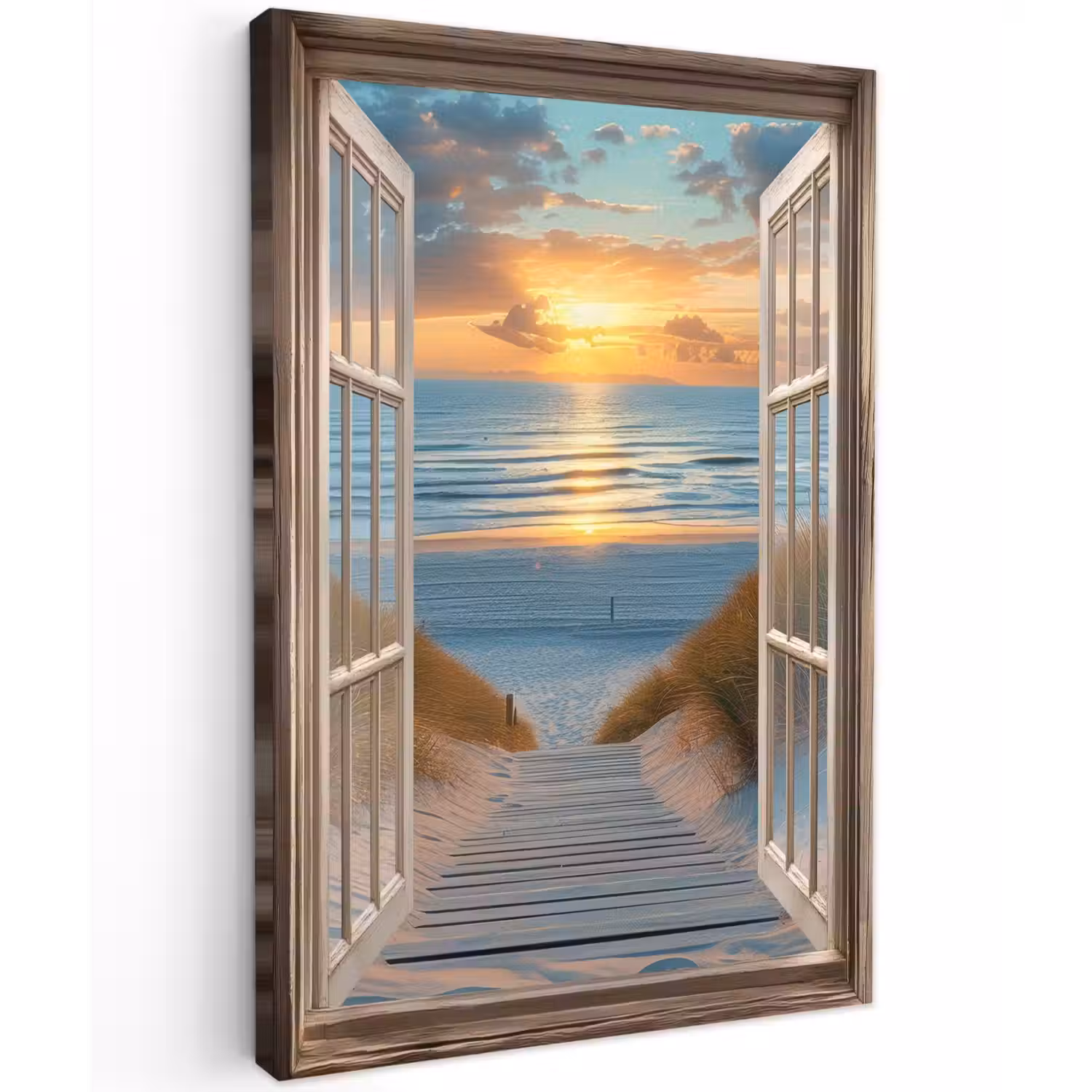 Doorkijk - Strand - Pad - Zonsondergang Tuinposter op houten frame 2 cm dik klein -3d