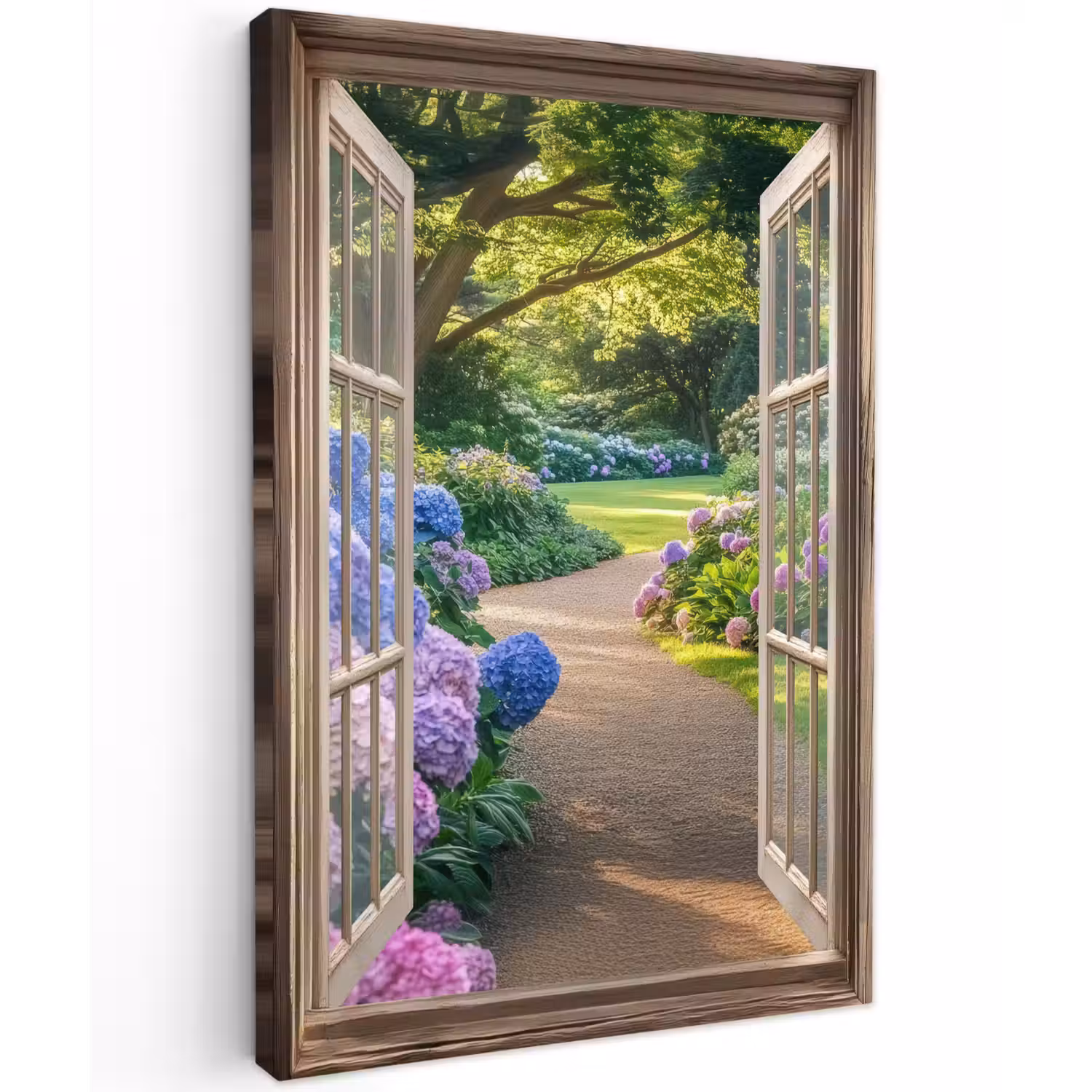 Doorkijk - Tuin - Raam - Hortensia - Bloemen Tuinposter op houten frame 2 cm dik klein -3d