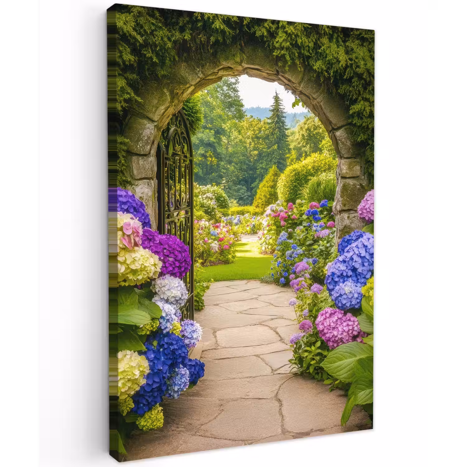 Doorkijk - Poort - Hortensia - Bloementuin Tuinposter op houten frame 2 cm dik klein -3d