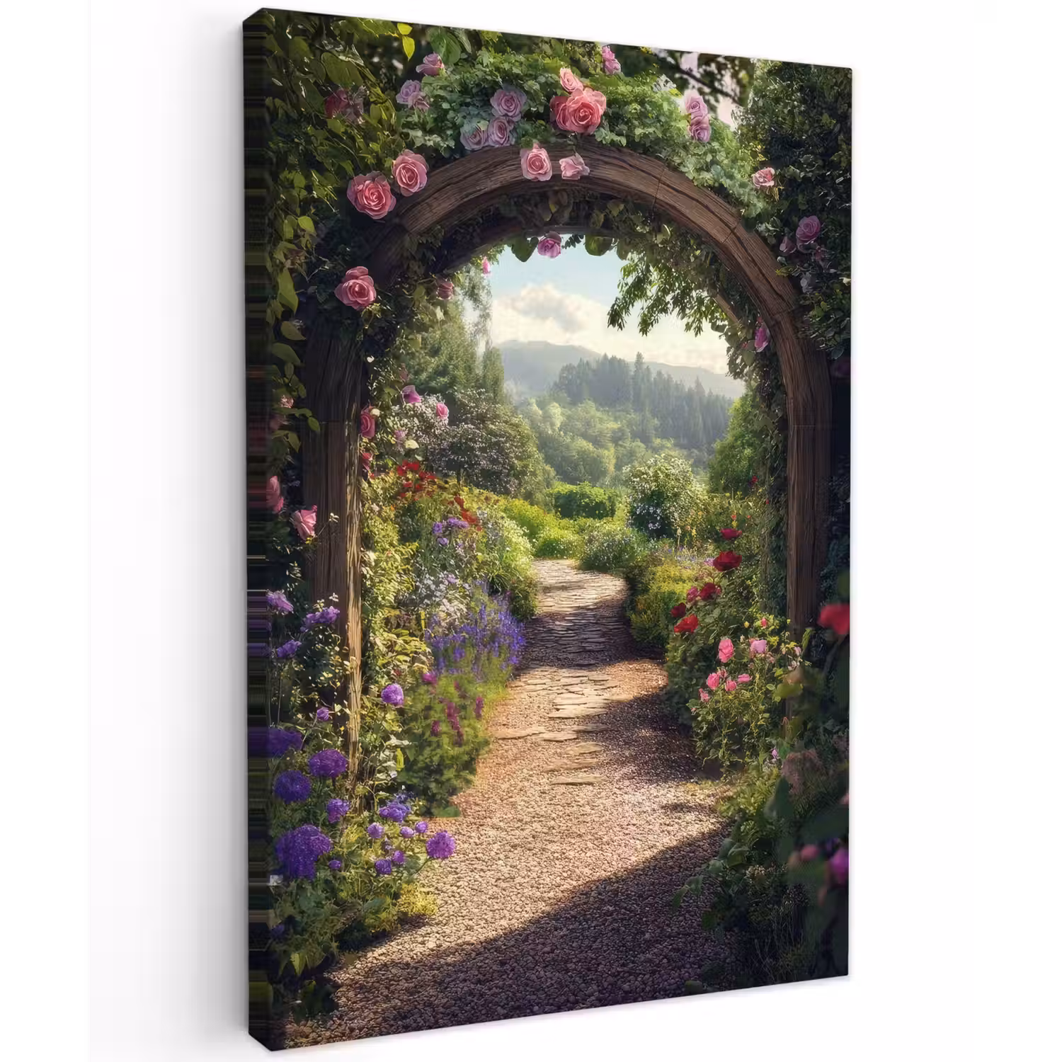 Doorkijk - Landschap - Bloemen - Rozenboog - Natuur Tuinposter op houten frame 2 cm dik klein -3d