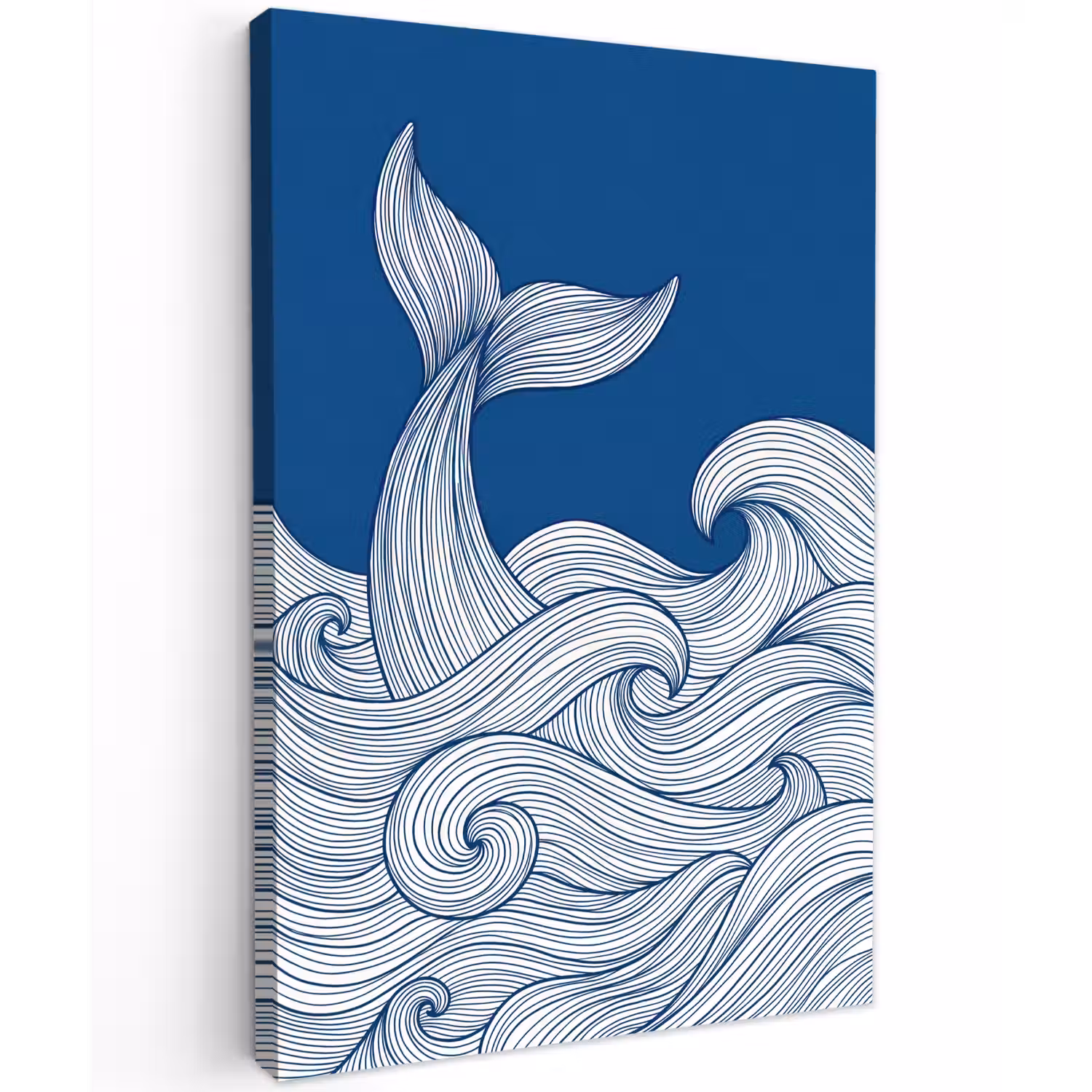 Walvis - Staart - Golven - Lijntekening - Blauw Tuinposter op houten frame 2 cm dik klein -3d