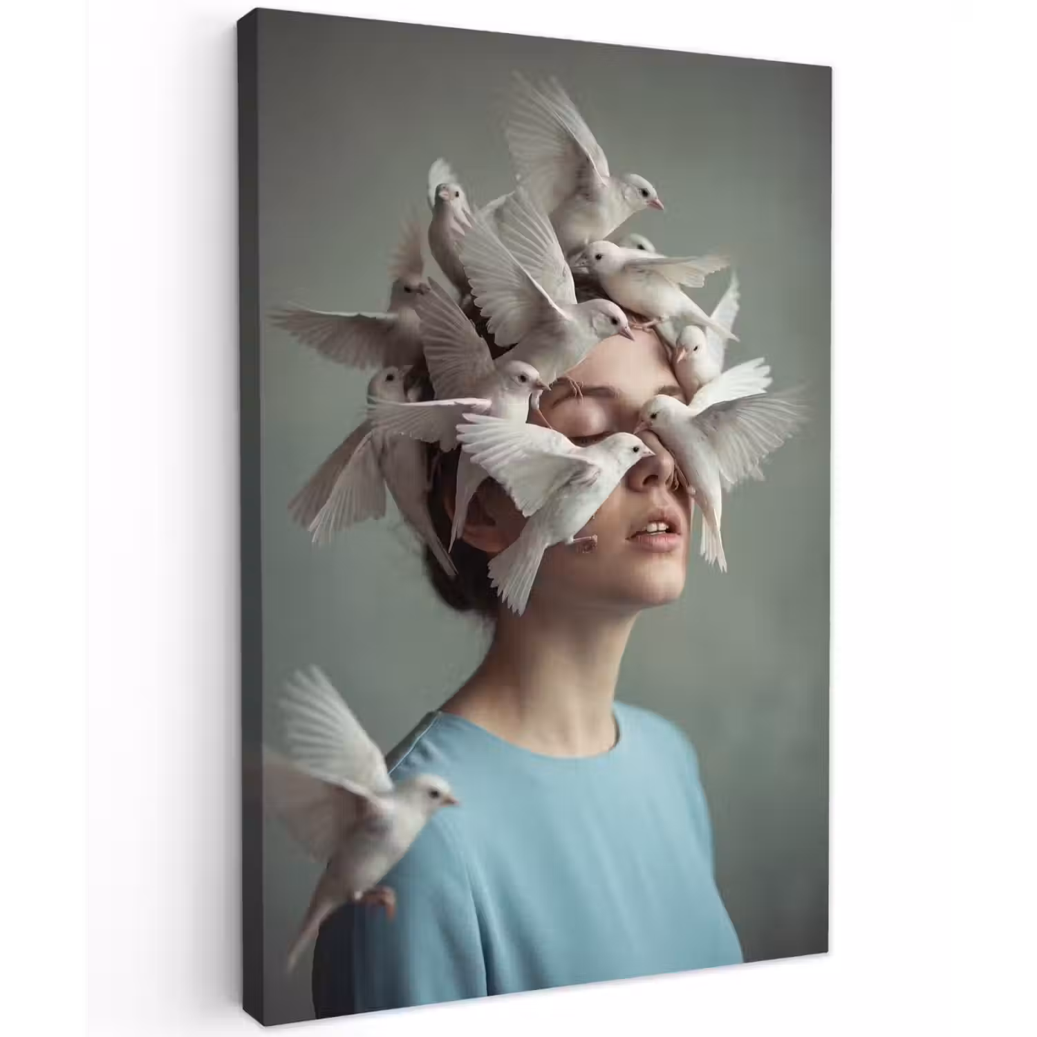 Vrouw - Vogels - Abstract - Modern - Wit Tuinposter op houten frame 2 cm dik klein -3d