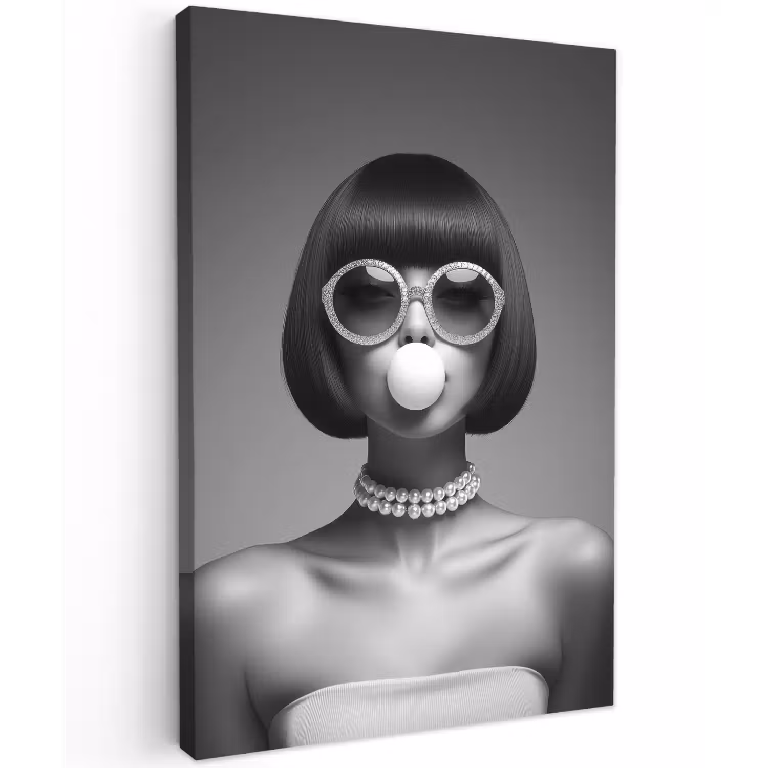 Vrouw - Zwart Wit - Ketting - Zonnebril Tuinposter op houten frame 2 cm dik klein -3d
