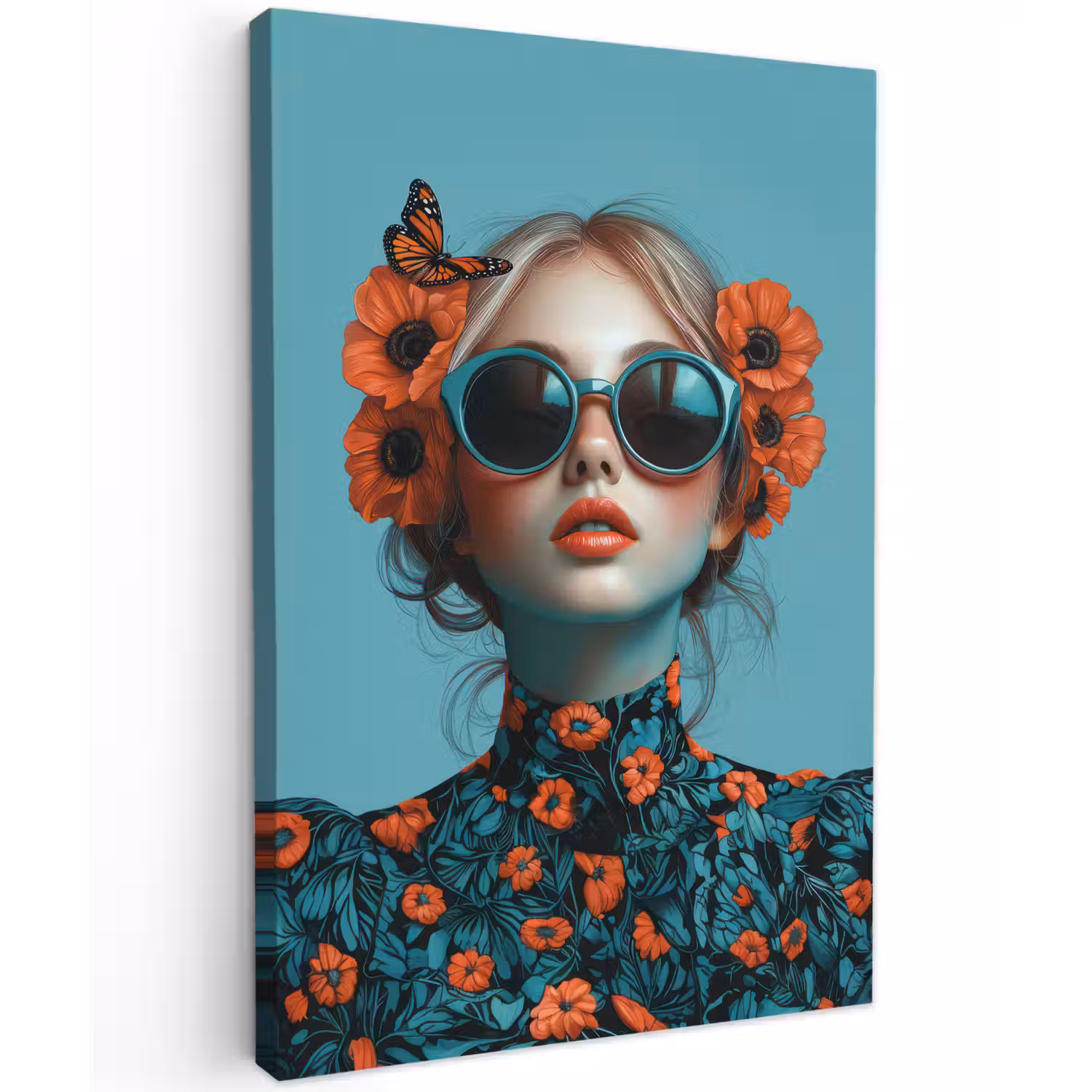 Vrouw - Blauw - Vlinder - Bloemen - Aesthetic Tuinposter op houten frame 2 cm dik klein -3d