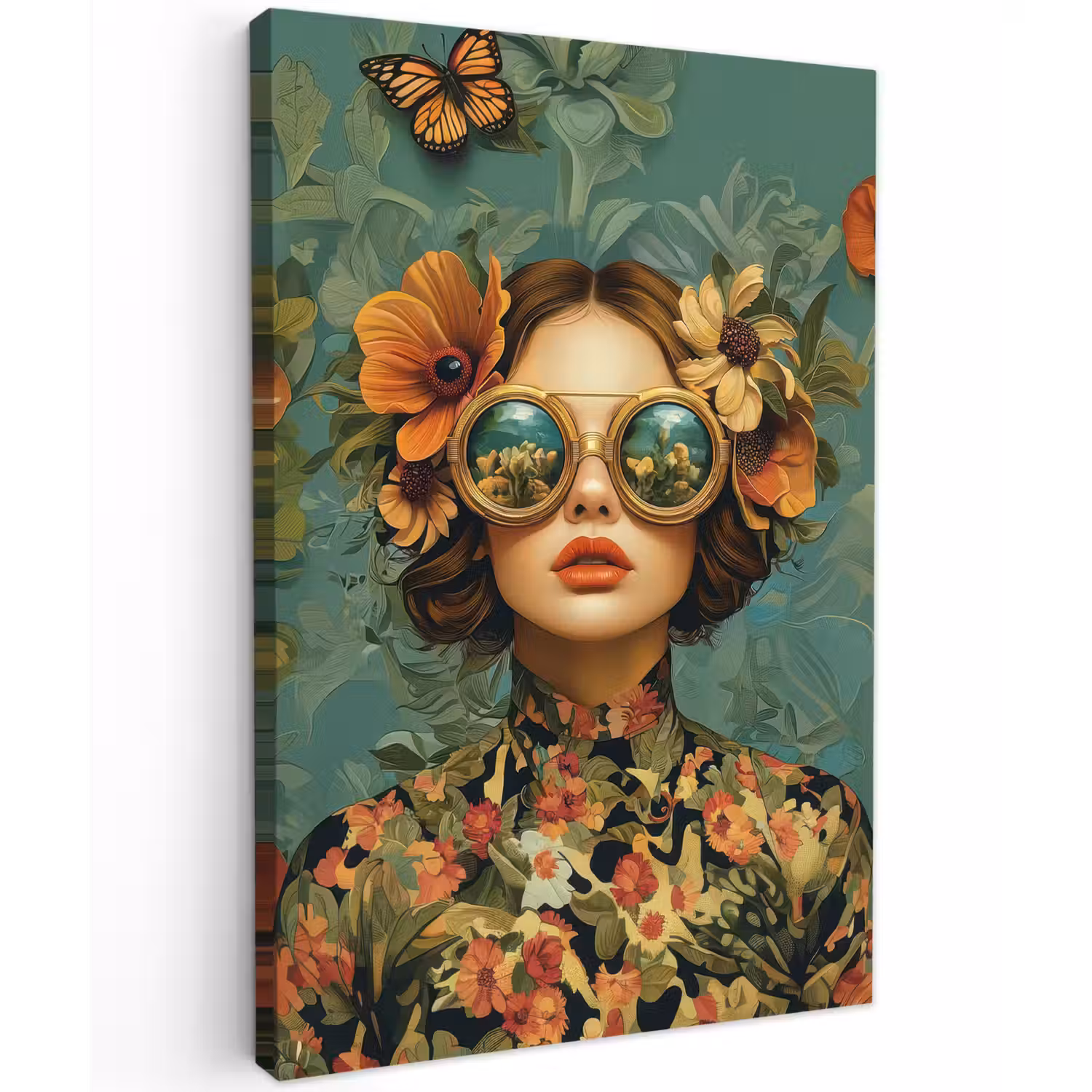 Vrouw - Bloemen - Vlinders - Natuur - Vintage Tuinposter op houten frame 2 cm dik klein -3d