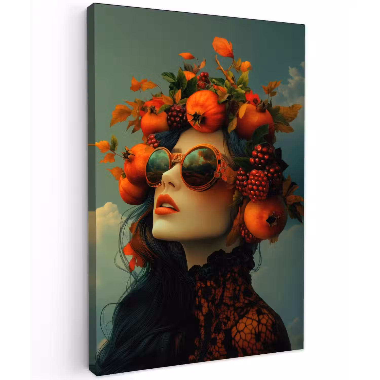 Vrouw - Granaatappel - Herfst - Zonnebril Tuinposter op houten frame 2 cm dik klein -3d