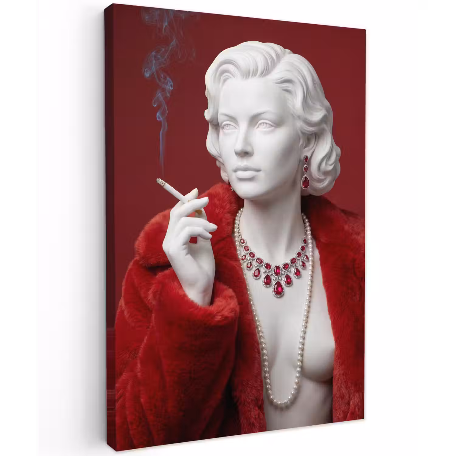 Vrouw - Bontjas - Mode - Klassiek - Rood Tuinposter op houten frame 2 cm dik klein -3d