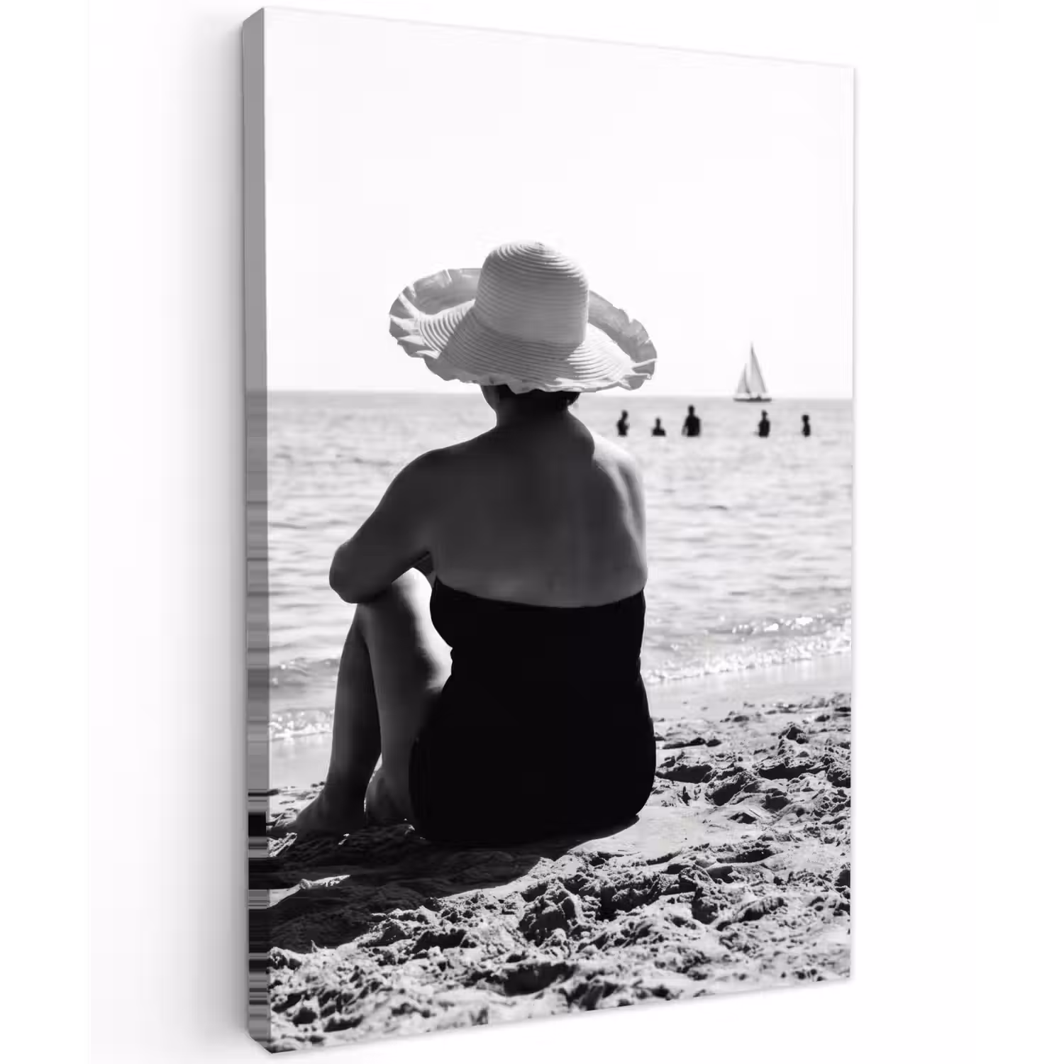 Vrouwen - Zonnehoed - Strand - Zwart - Wit Tuinposter op houten frame 2 cm dik klein -3d