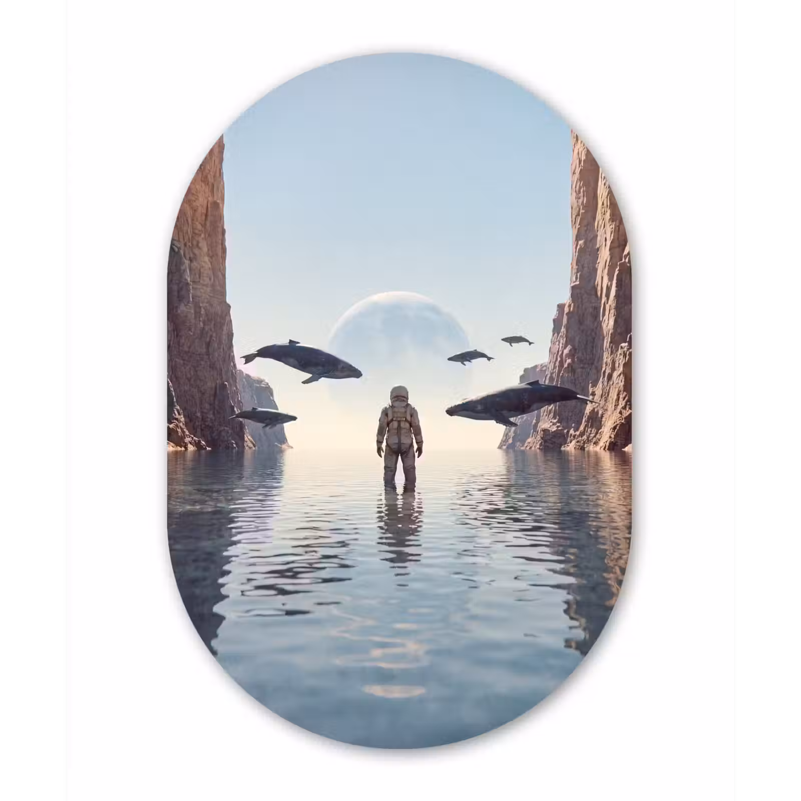 Oval - Glass - Astronaut - Whale - Fantasy - Ruimtevaarder - Walvis - Fantasie Wandcirkel Ovaal Glas middel