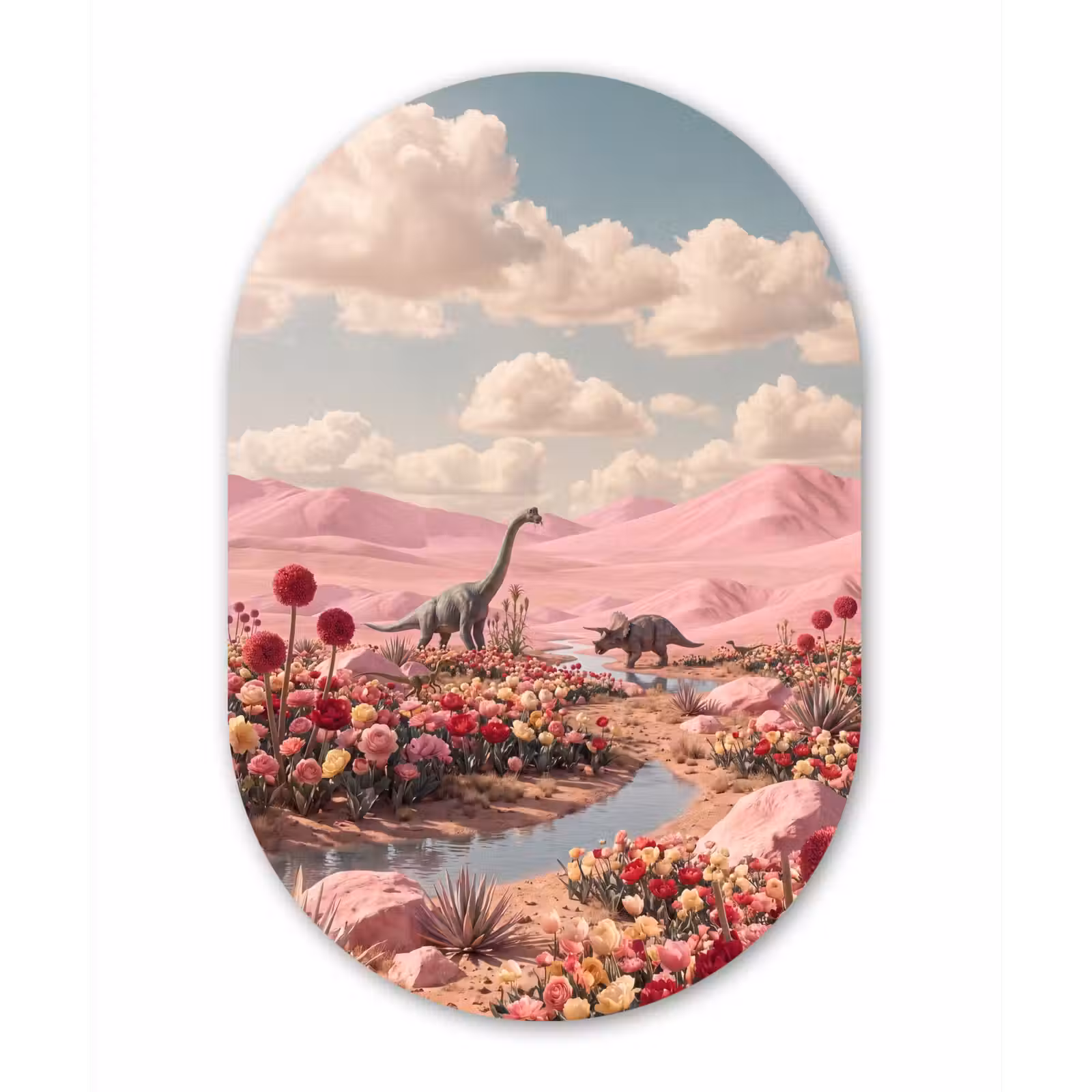Oval - Glass - Dinosaur - Pink - Landscape - Dinosaurus - Roze - Landschap Wandcirkel Ovaal Glas middel
