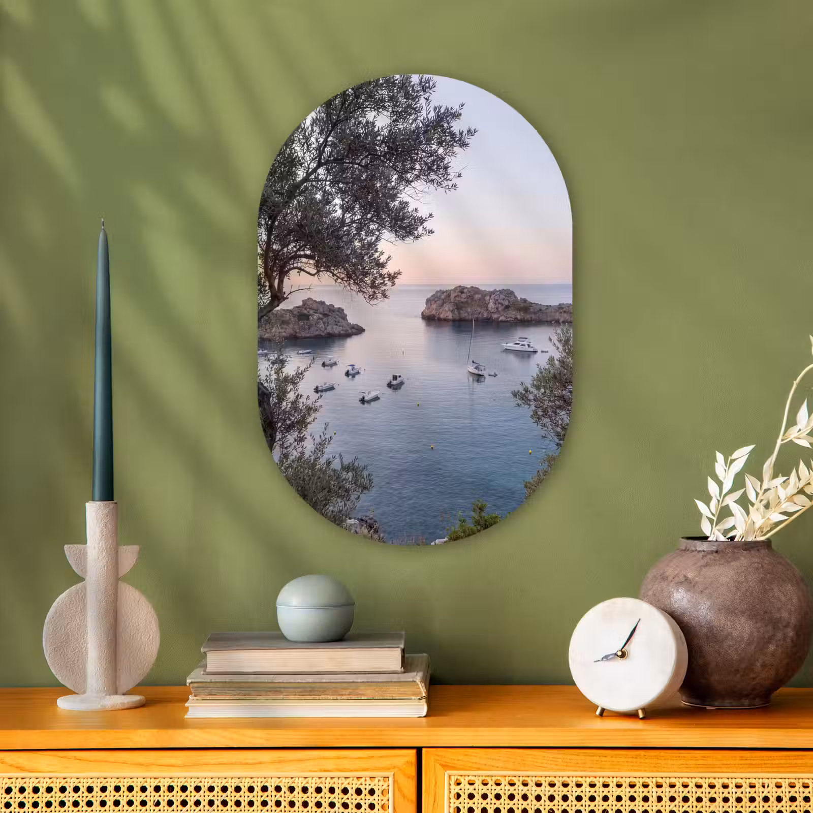Oval - Plastic - Bay - boats - sunset - Baai - boten - zonsondergang Wandcirkel Ovaal Forex klein