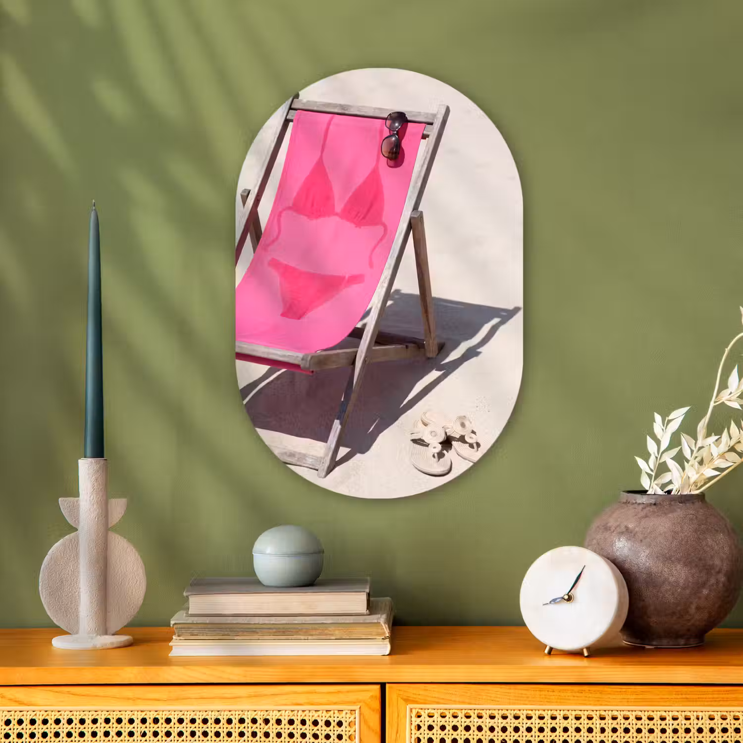 Strand - Ligstoel - Badkleding - Zomer - Roze Wandcirkel Ovaal Forex klein -sfeer2