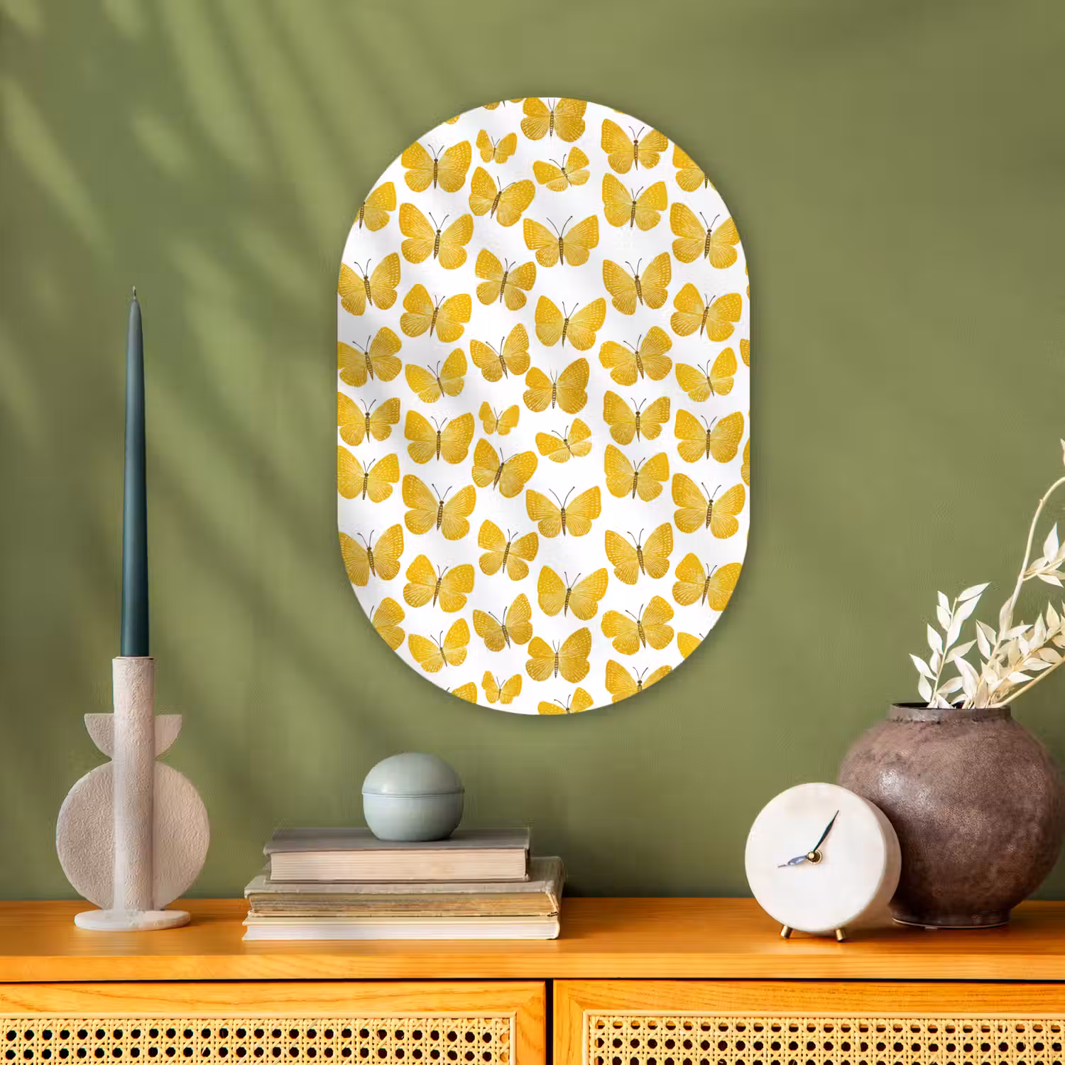 Vlinders - Botanisch - Illustratie - Geel - Wit Wandcirkel Ovaal Forex klein 630 -sfeer2
