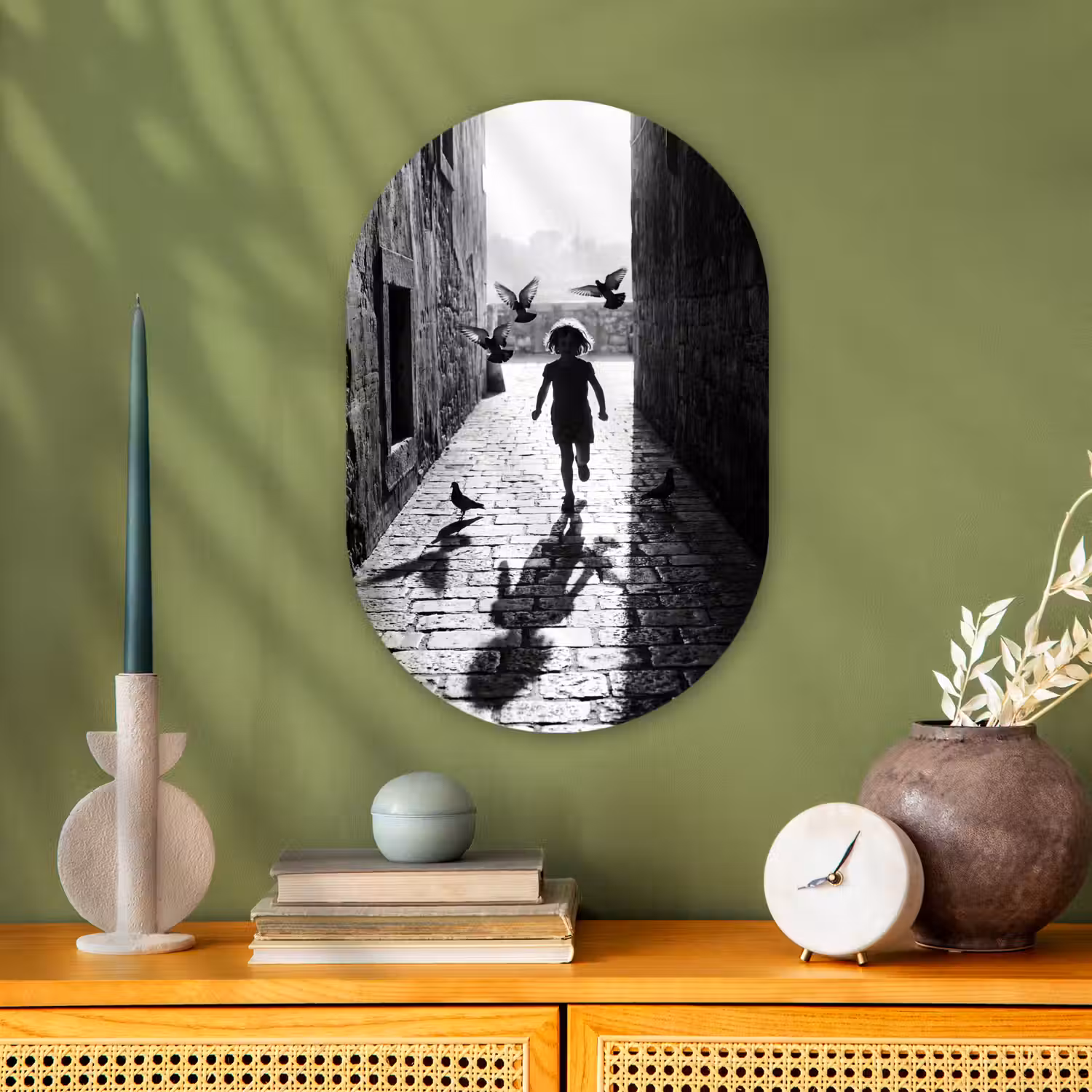 Kind - Vogel - Straat - Zwart-wit - Spelen Wandcirkel Ovaal Forex klein -sfeer2