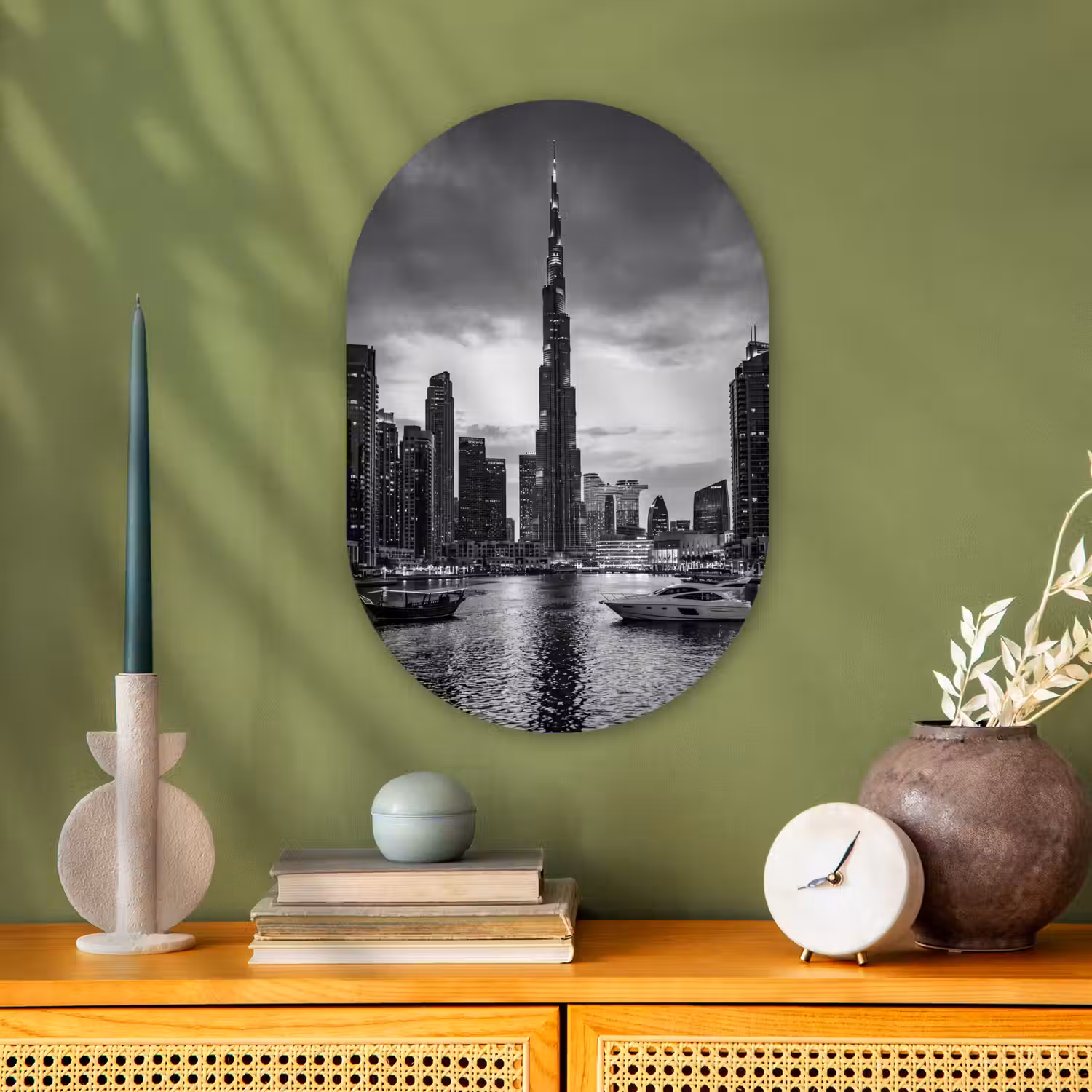 Stad - Skyline - Architectuur - Avond - Zwart-wit Wandcirkel Ovaal Forex klein -sfeer2