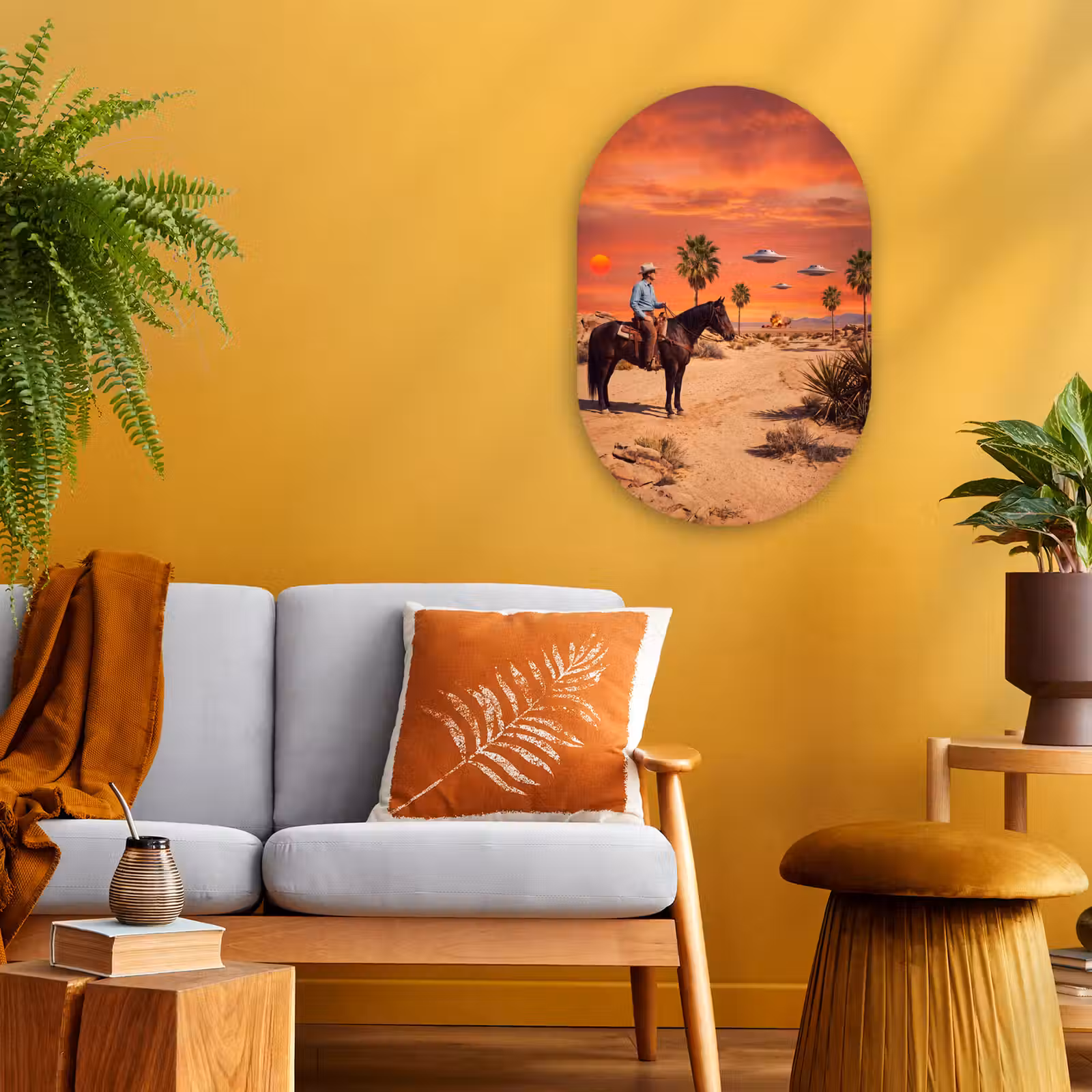 Oval - Plastic - Cowboy - Horse - Desert - Cowboy - Paard - Woestijn Wandcirkel Ovaal Forex klein