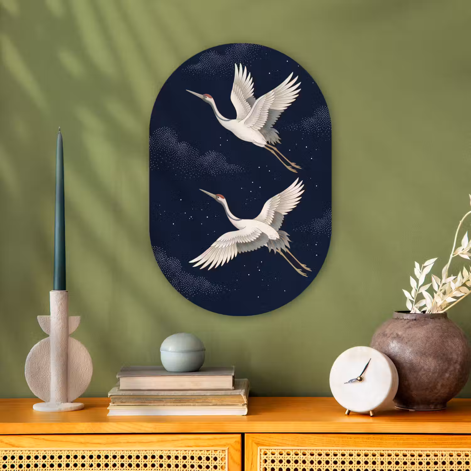 Kraanvogels - Nachthemel - Blauw Wandcirkel Ovaal Forex klein -sfeer2