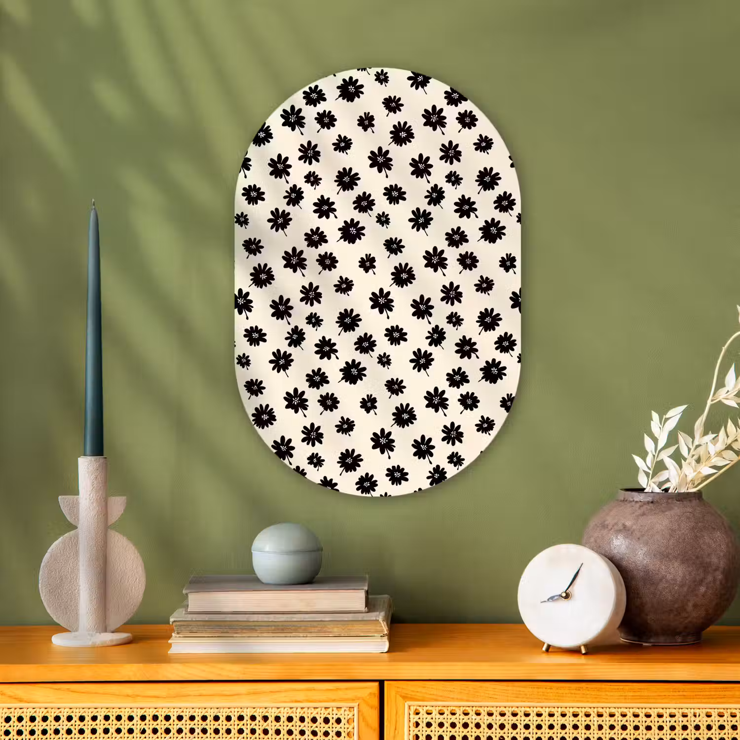 Madeliefjes - Grafisch - Zwart - Beige Wandcirkel Ovaal Forex klein 630 -sfeer2