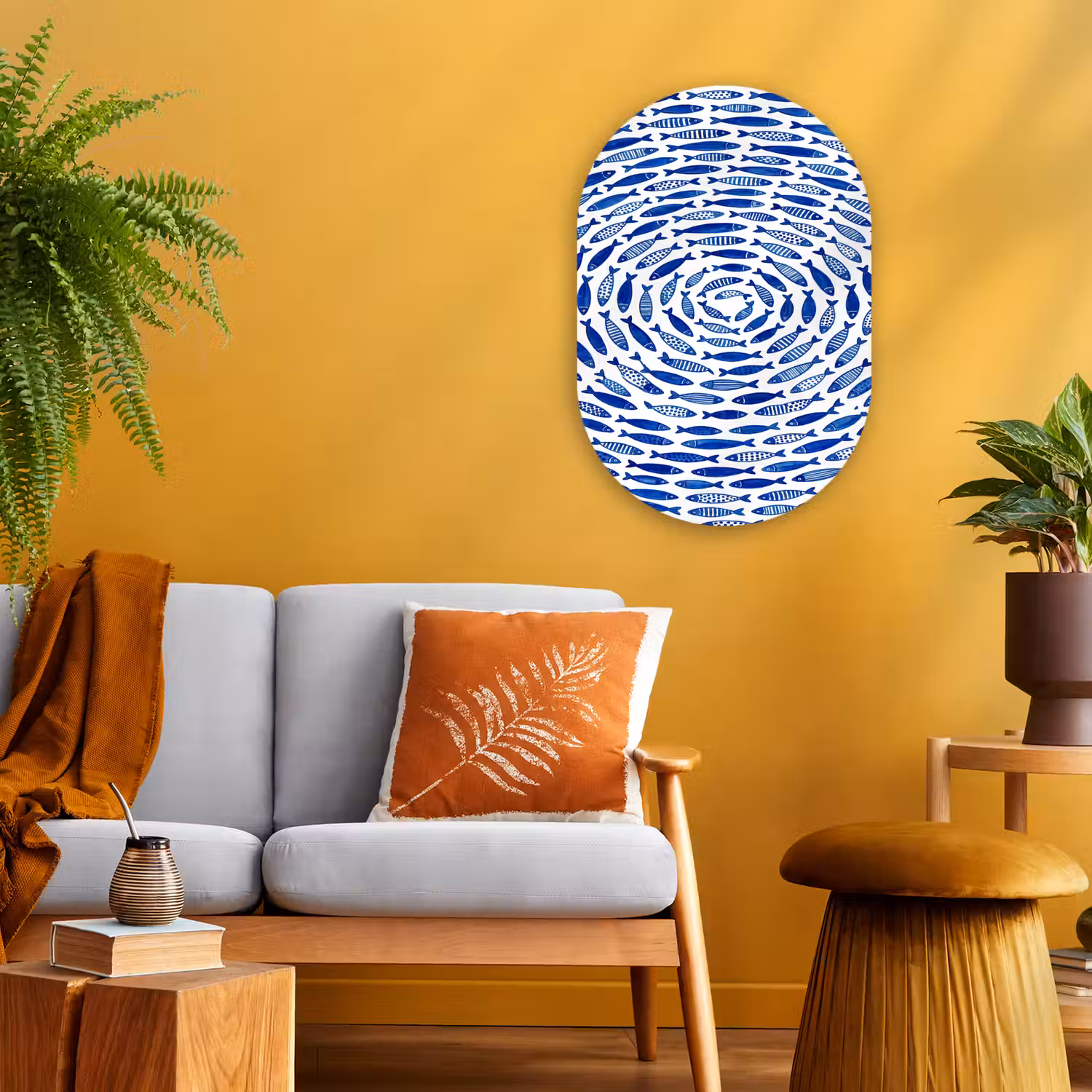 Vis - Patroon - Onderwater - Abstract - Blauw Wandcirkel Ovaal Forex klein -sfeer4