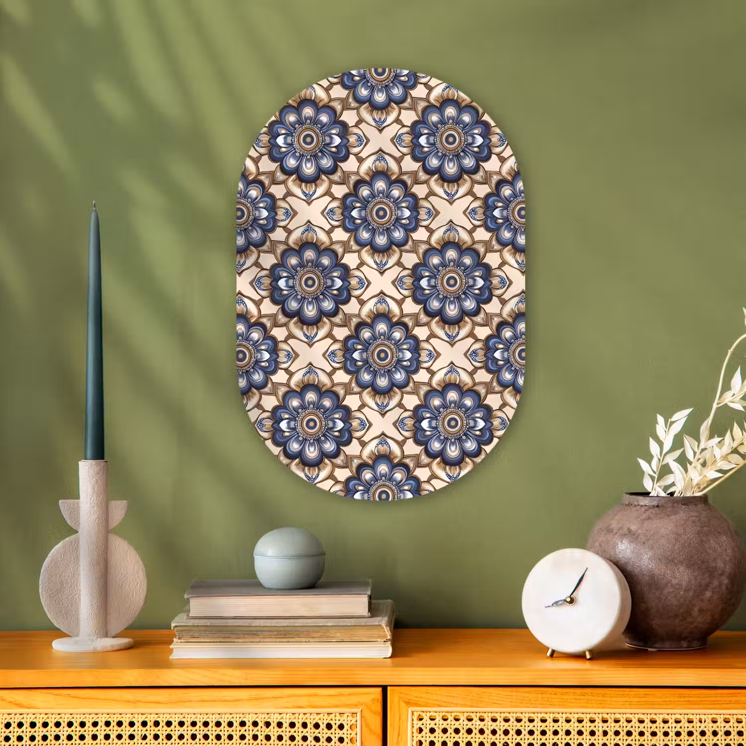 Floraal - Ornament - Blauw Wandcirkel Ovaal Forex klein 630 -sfeer2