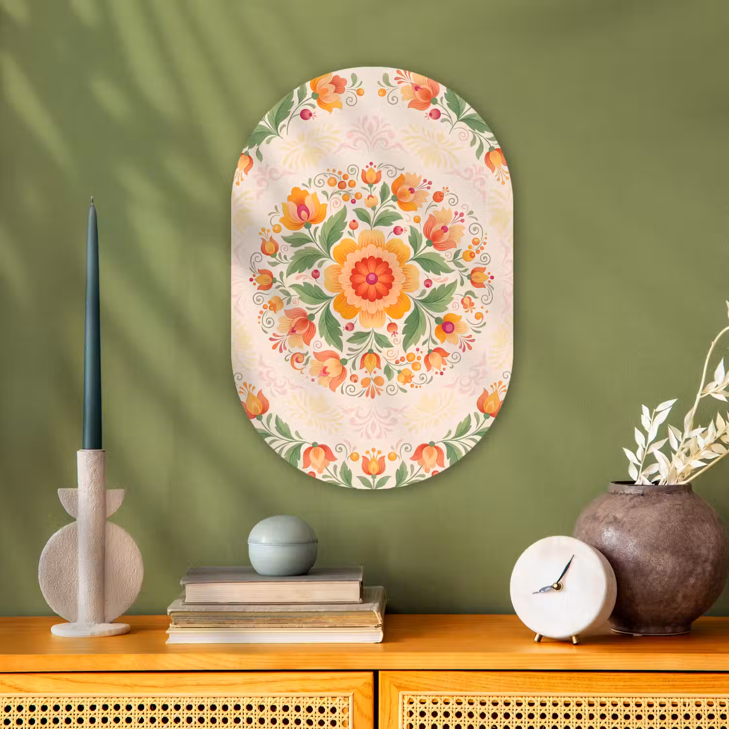 Bloemen - Patroon - Decoratief - Oranje Wandcirkel Ovaal Forex klein -sfeer2