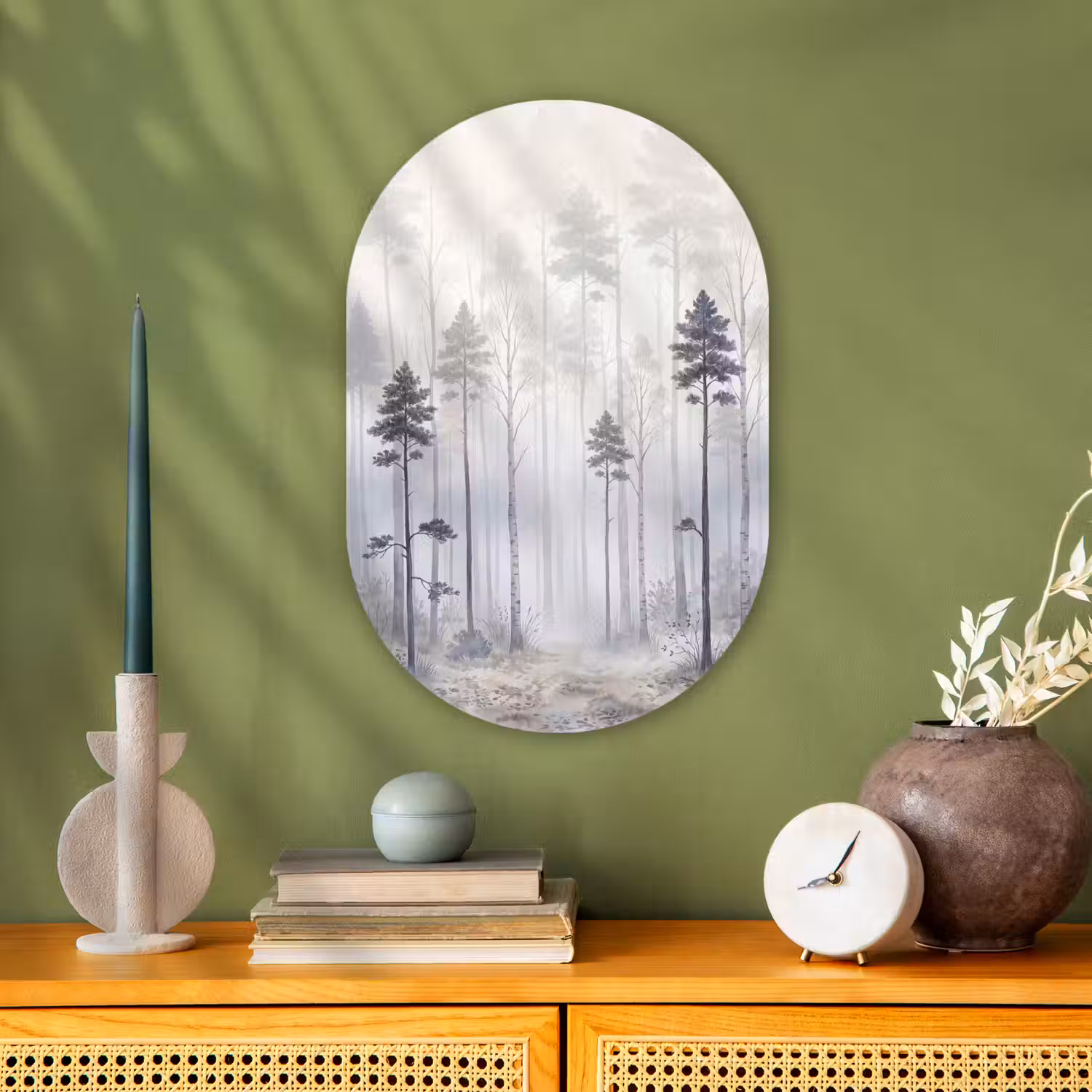 Bos - Bomen - Mist - Natuur - Illustratie - Grijs Wandcirkel Ovaal Forex klein -sfeer2