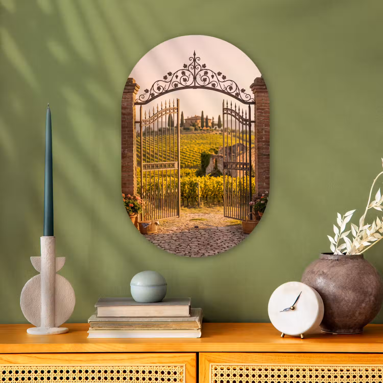 Poort - Landschap - Platteland - Zonlicht - Warm Wandcirkel Ovaal Forex klein -sfeer2