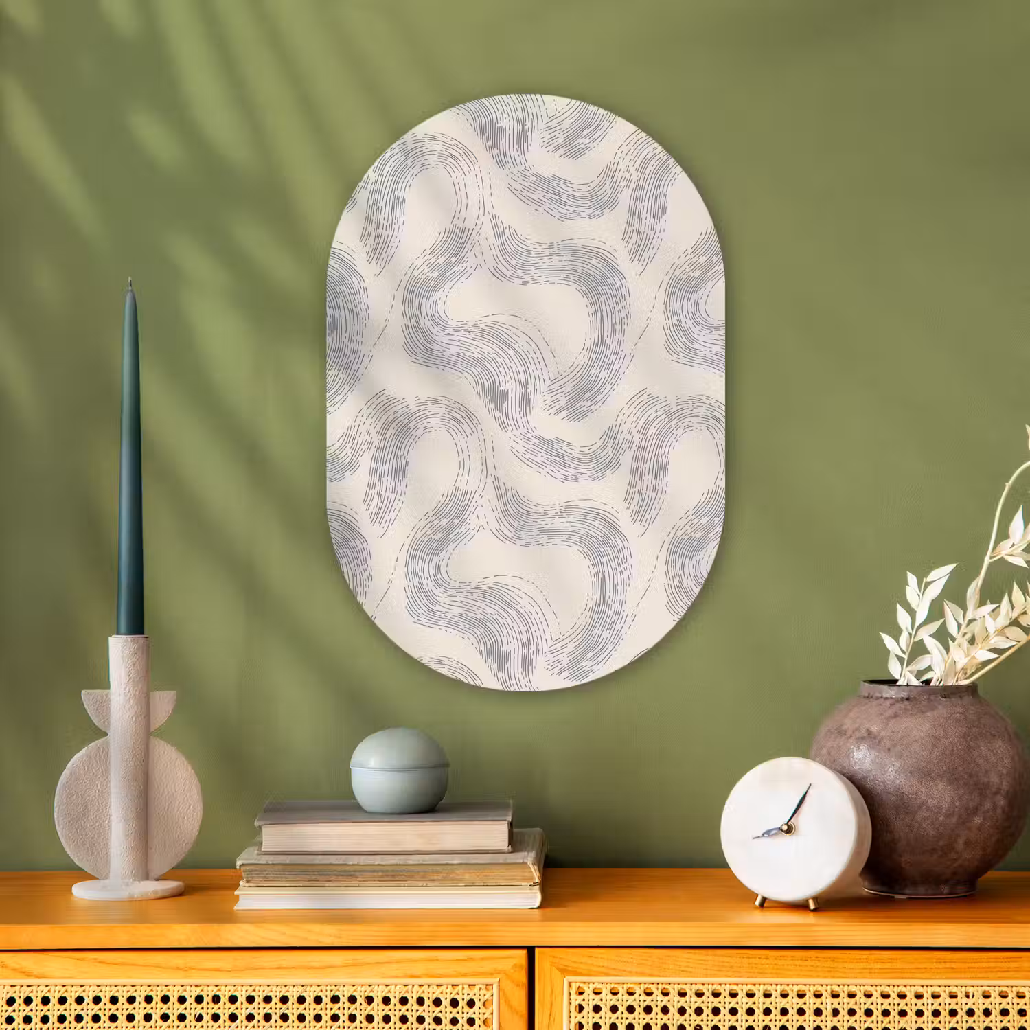 Lijnen - Patroon - Beige - Minimalistisch Wandcirkel Ovaal Forex klein 630 -sfeer2