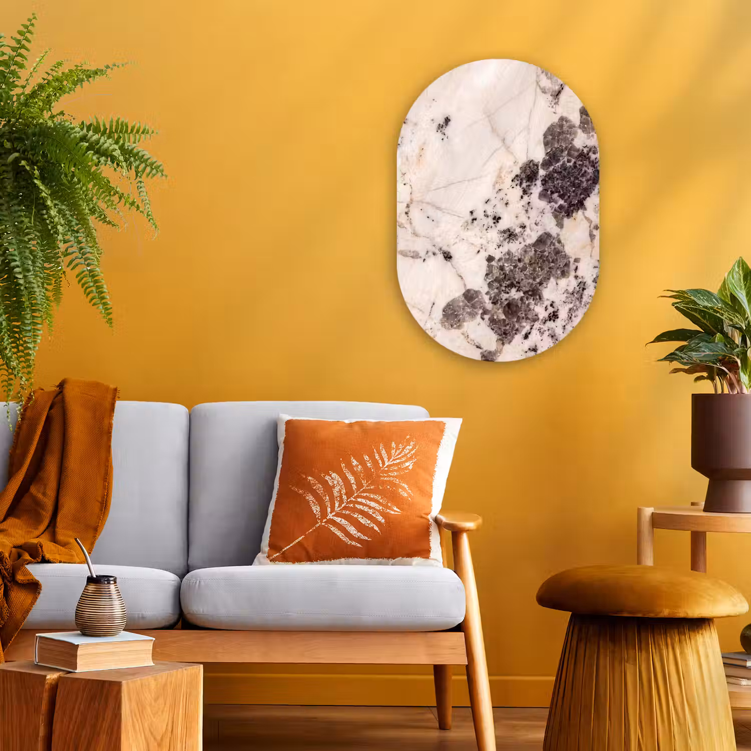 Natuursteen - Patroon - Abstract - Beige - Grijs Wandcirkel Ovaal Forex klein -sfeer4