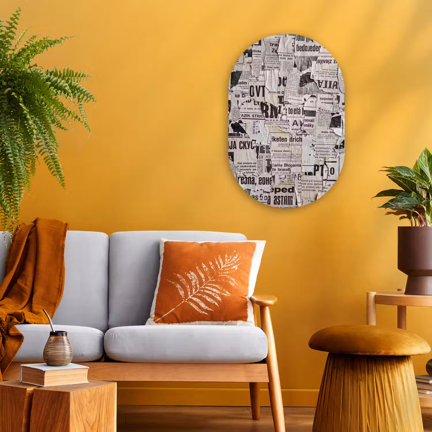 Krant - Gescheurd - Textuur - Abstract - Zwart-wit Wandcirkel Ovaal Forex klein -sfeer4