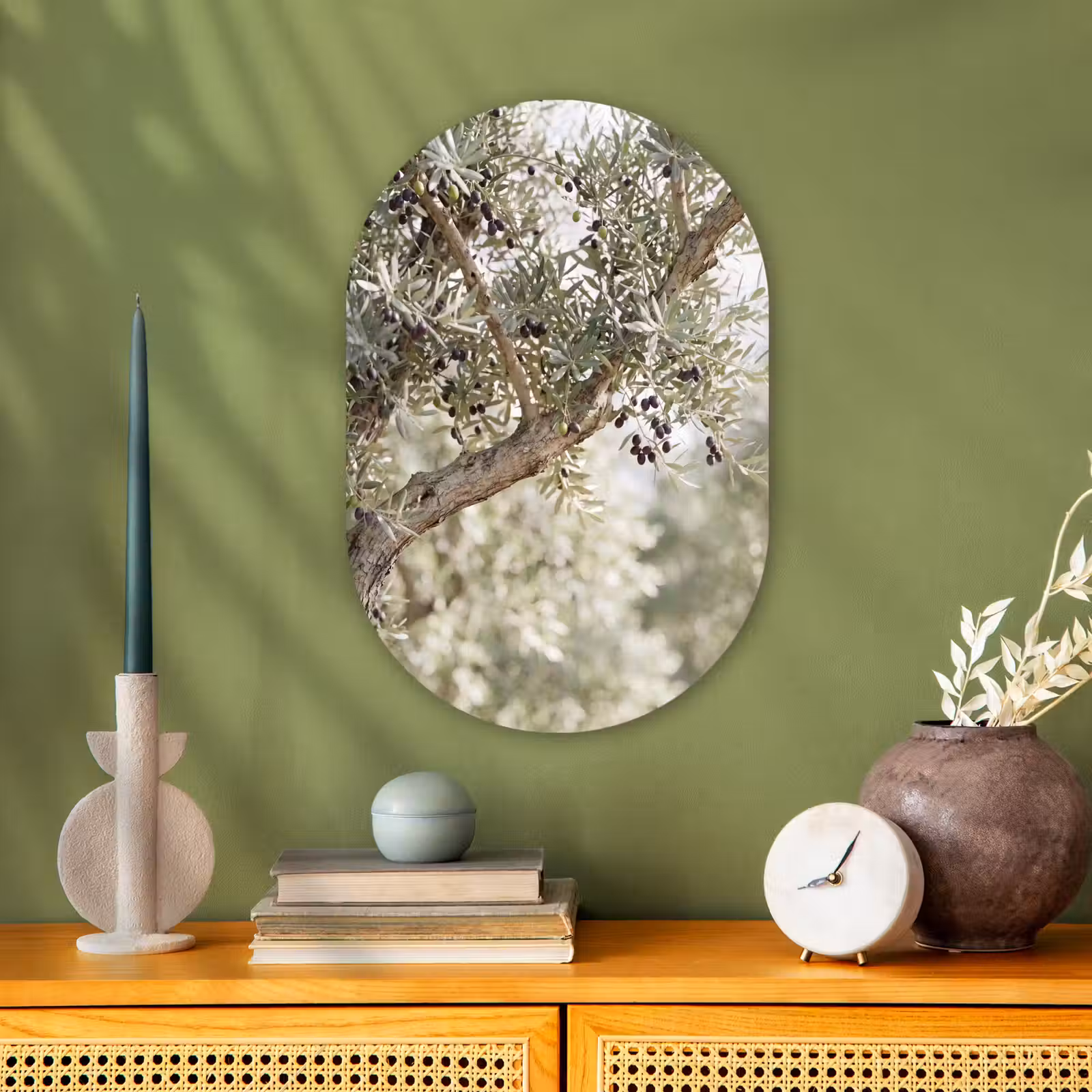 Oval - Plastic - Olive tree - branch - green - Olijfboom - tak - groen Wandcirkel Ovaal Forex klein