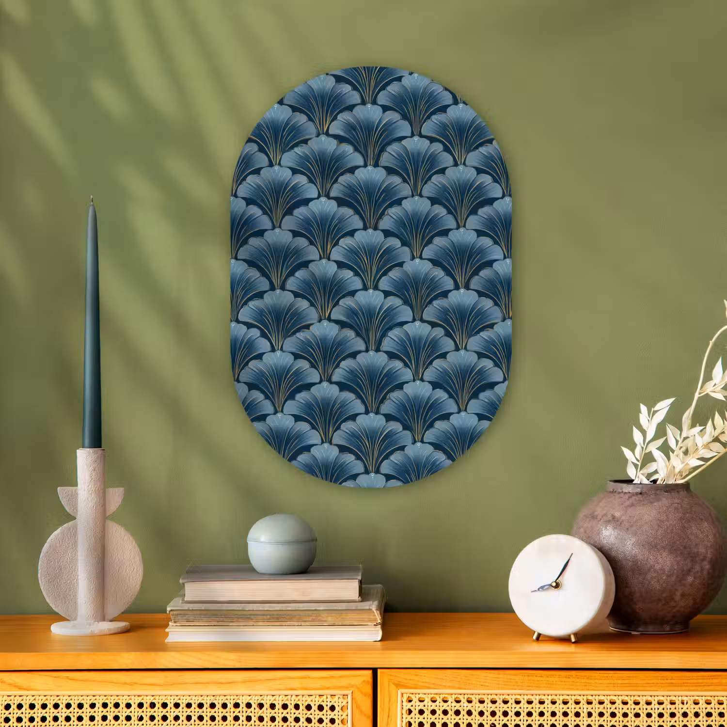 Patroon - Ginkgoblad - Blauw Wandcirkel Ovaal Forex klein 630 -sfeer2