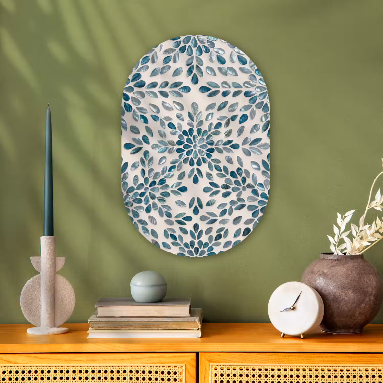 Patroon - Bladeren - Abstract - Modern - Turquoise Wandcirkel Ovaal Forex klein -sfeer2